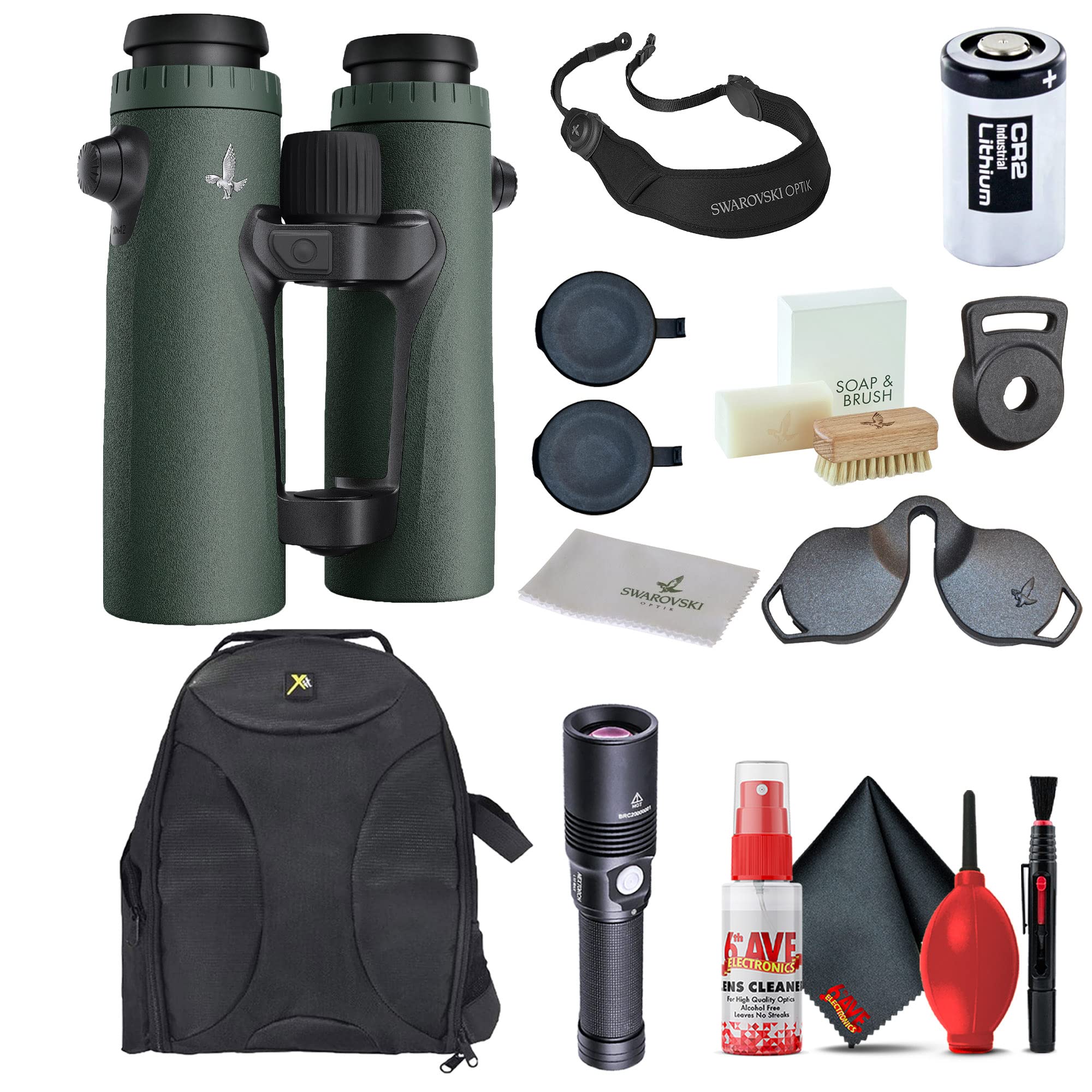 Swarovski 8x42 EL Range TA Laser Rangefinder Binocular with Tracking Assistant + Padded Backpack + Flashlight + Cleaning Kit