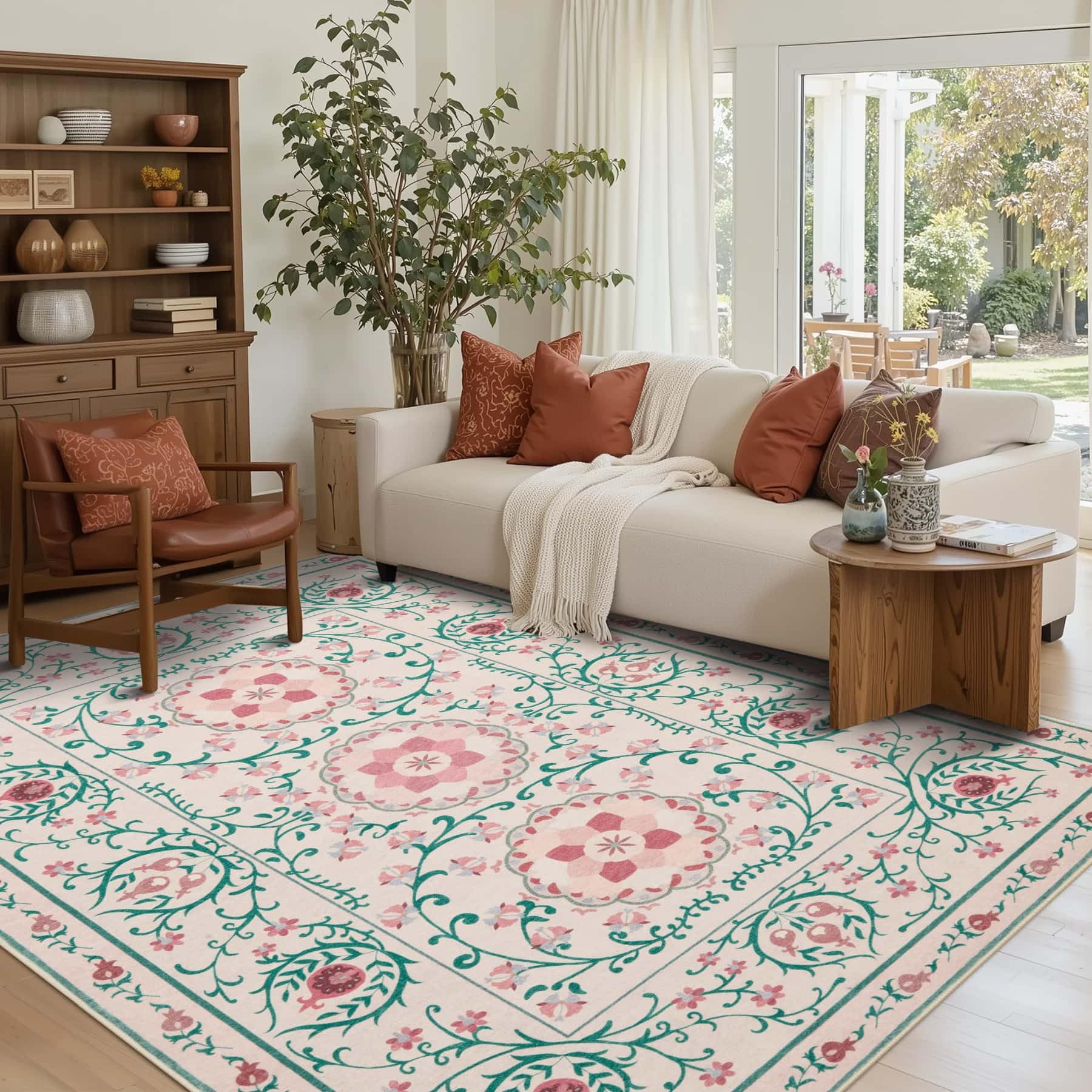Rugxara Pink Rug for Living Room Bedroom, Floral 5x7 Washable Rugs, Vintage Boho Style, Large Non Slip Flower Carpet for Indoor Dining Room, Girls