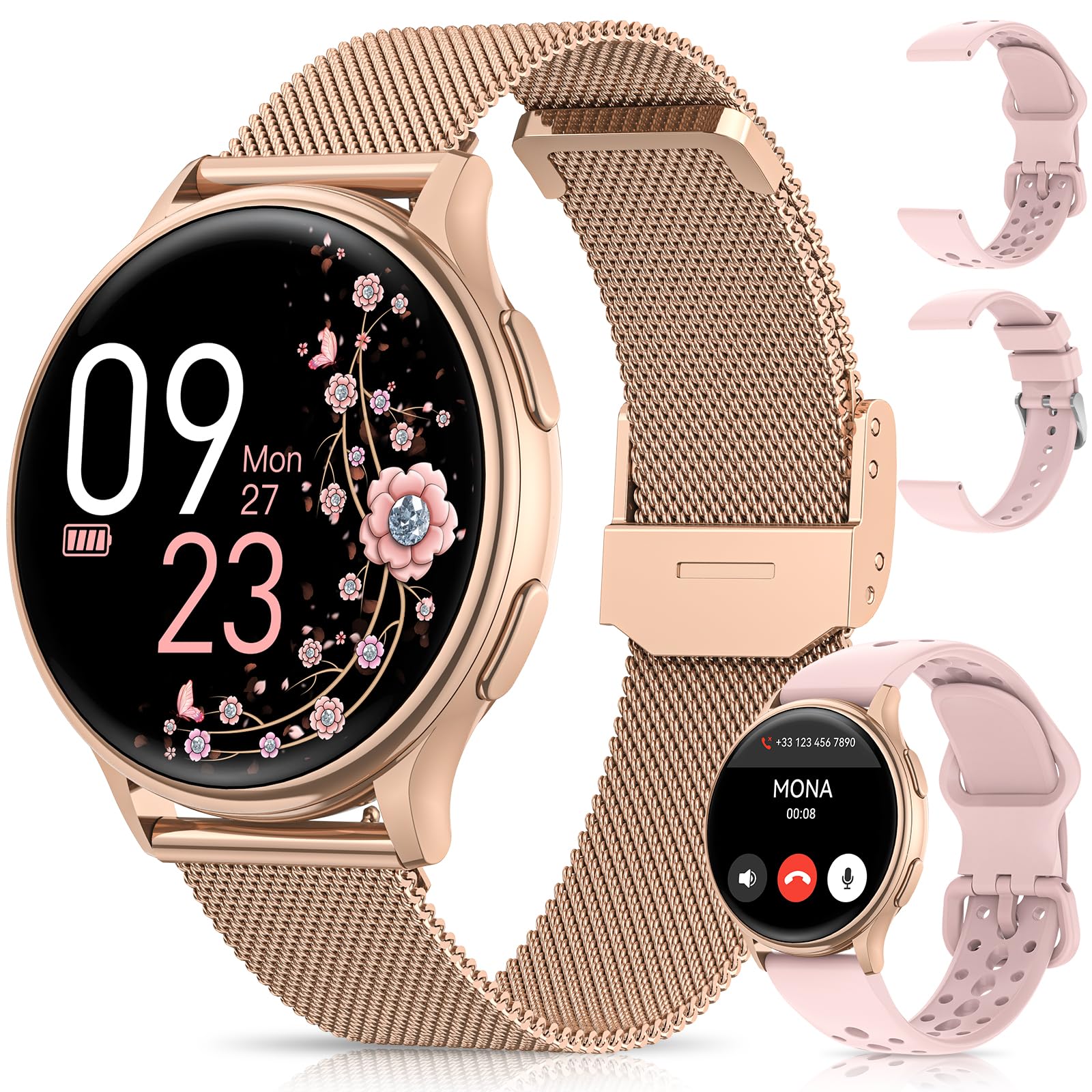 Reloj Inteligente Mujer con Llamadas, 1,27" Smartwatch Mujer con 3 Correas, Función Femenina, Pulsometro/SpO2/Monitor de Sueño/70+ Modos Deportivos/Calorías/IP68 Podómetro/Android iOS Rosa Oro