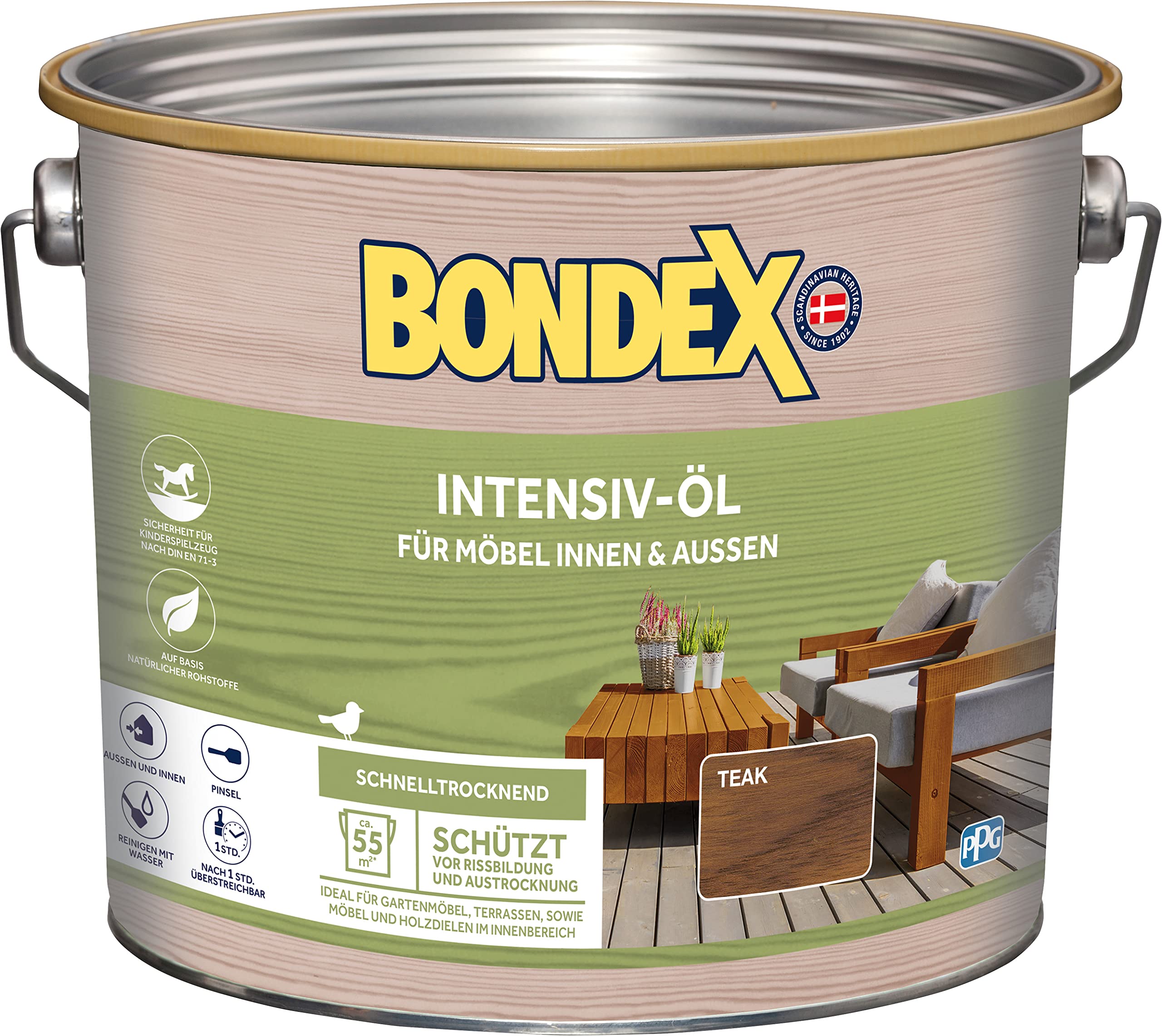 Bondex 381183 - Olio intensivo teak, 2,5 l, per 55 m², olio per la cura del legno, olio per terrazze con protezione UV e effetto antiscivolo, a base d'acqua