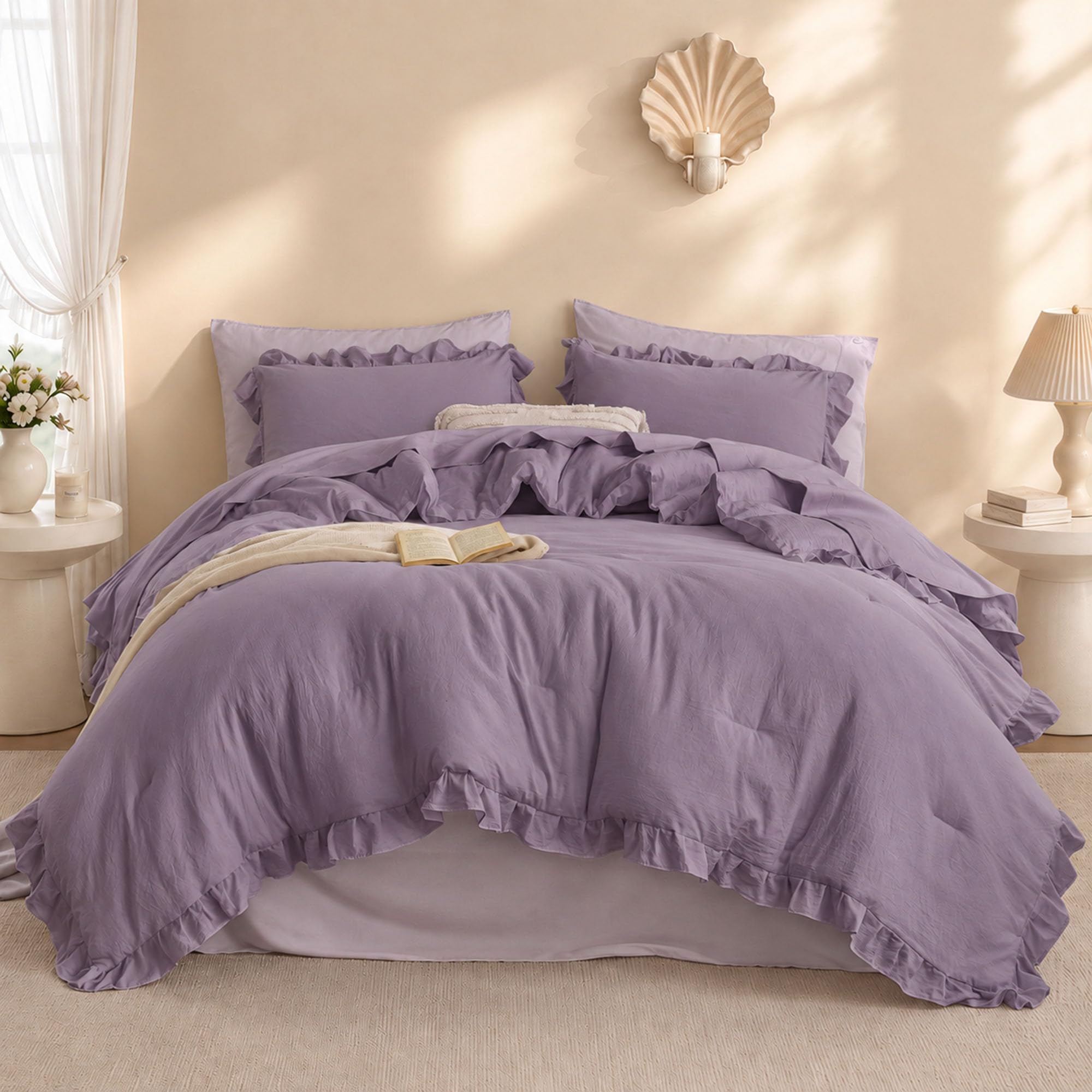 JANZAA Grayish Purple Comforter Set Queen, Ruffle Soft Bedding