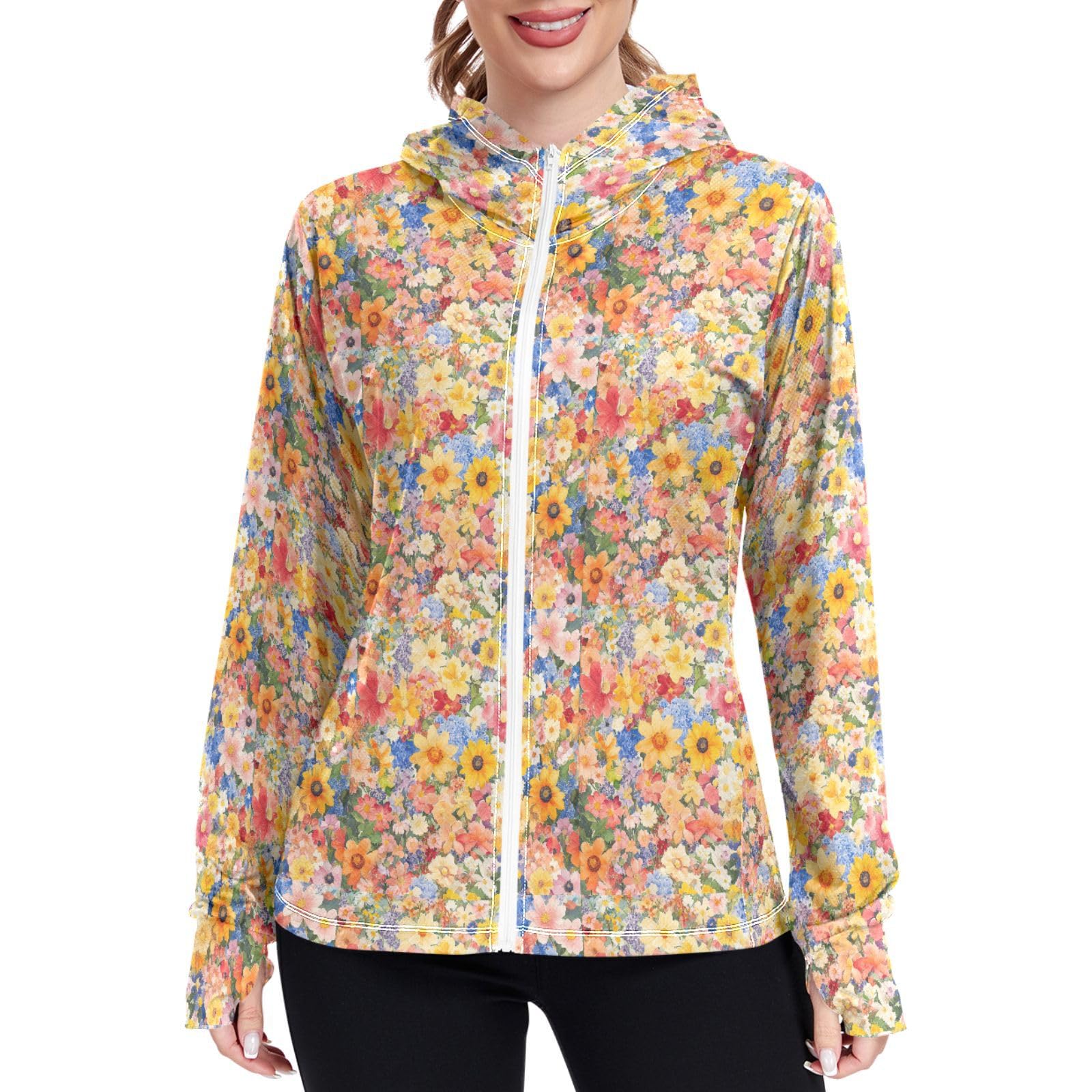 Womens Sun Protection Hoodie Jacket Lightweight Long Sleeve Zip Up Jackets for Women Clothing for Hiking Golf Cycling XXL Colorful Florals