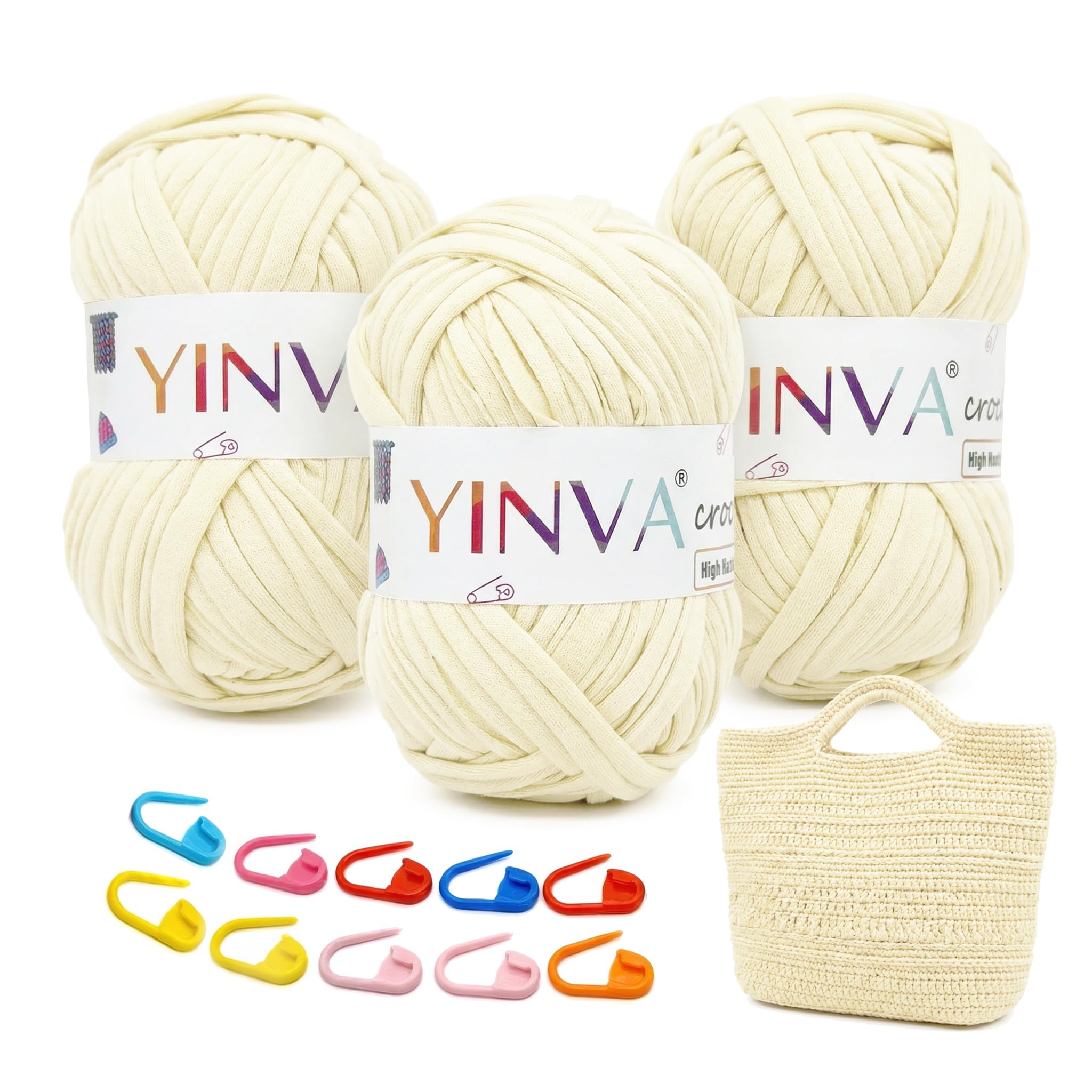YINVA T Shirt Yarn 300g, Tshirt Yarn for Crocheting in Multiple Color, Perfect Relaxing, Rewarding Thick Yarn for Beginners, Soft, Stretchy, Elastic Knitting Yarn with Stitch Markers for Bags, Baskets