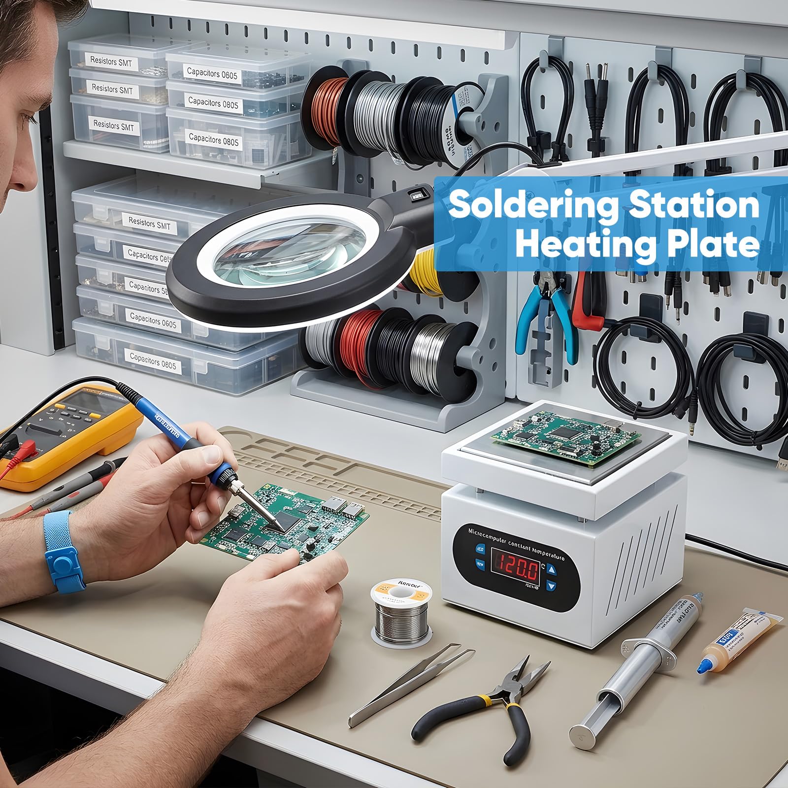 Station de Chauffage PCB, 400°C Réglable Plaque Chauffante avec Écran Numérique et Protection Anti-brûlure Plaque Aluminium à Chauffage Rapide et Régulation Thermique