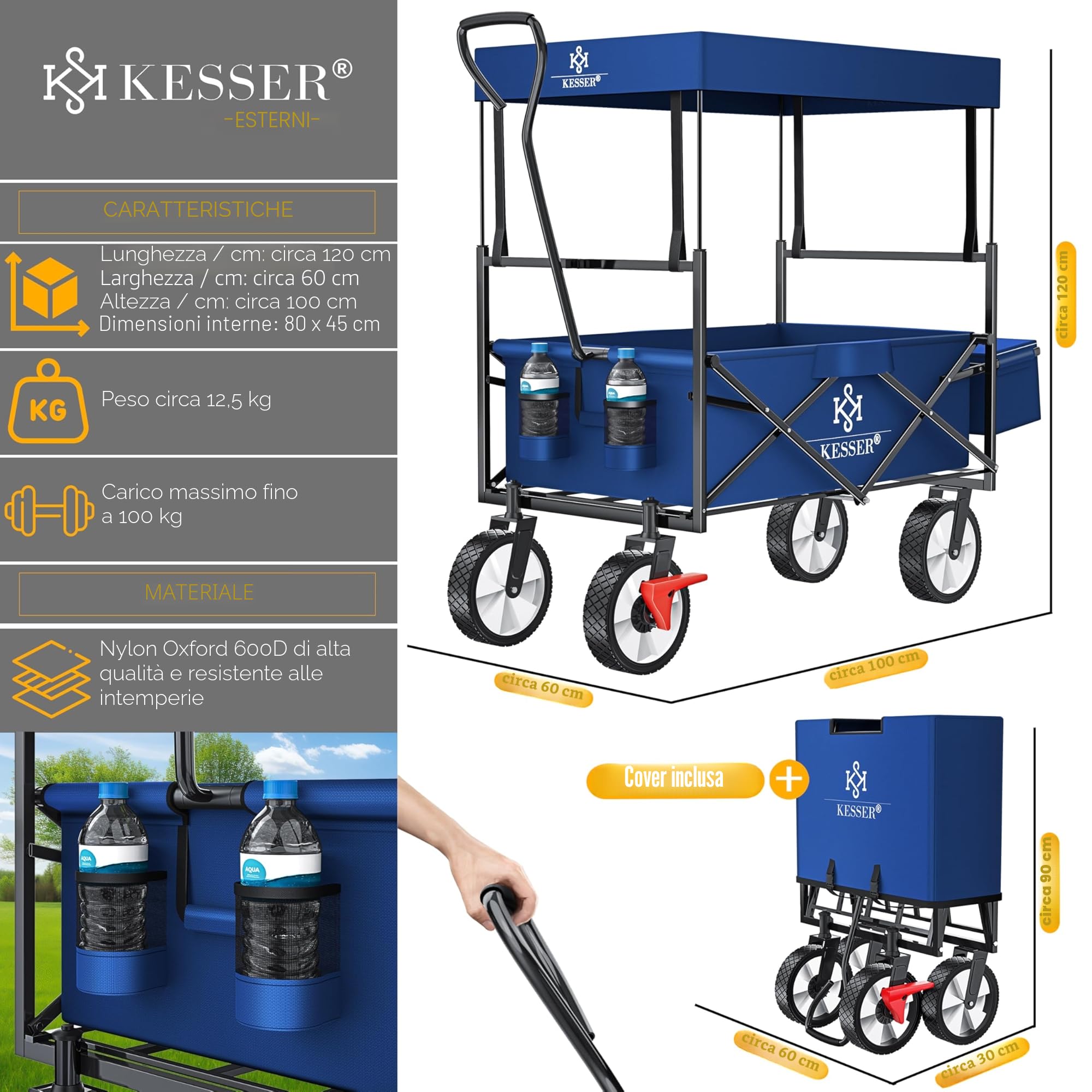 KESSER® Carrello pieghevole con tetto, carrello per attrezzi, con 2 tasche a rete e una tasca esterna, con freno anteriore, pieghevole, pneumatici in gomma piena, portata fino a 100 kg