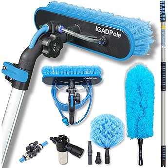 IGADPole 28ft(8.8m) Washing Kit: Water-fed Brush, Cobweb Duster and 10”(25cm) Squeegee and Soap Dispenser, Window Cleaning Pole, Water Fed Telescopic Brush, Window Cleaner Kit, Blue