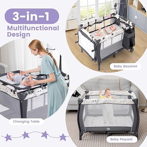 Miniatura 5 de Costzon Paquete 3 en 1 con moisés, corral portátil con cambiador, caja de música, juguetes giratorios, ruedas y freno, cesta de gran capacidad,