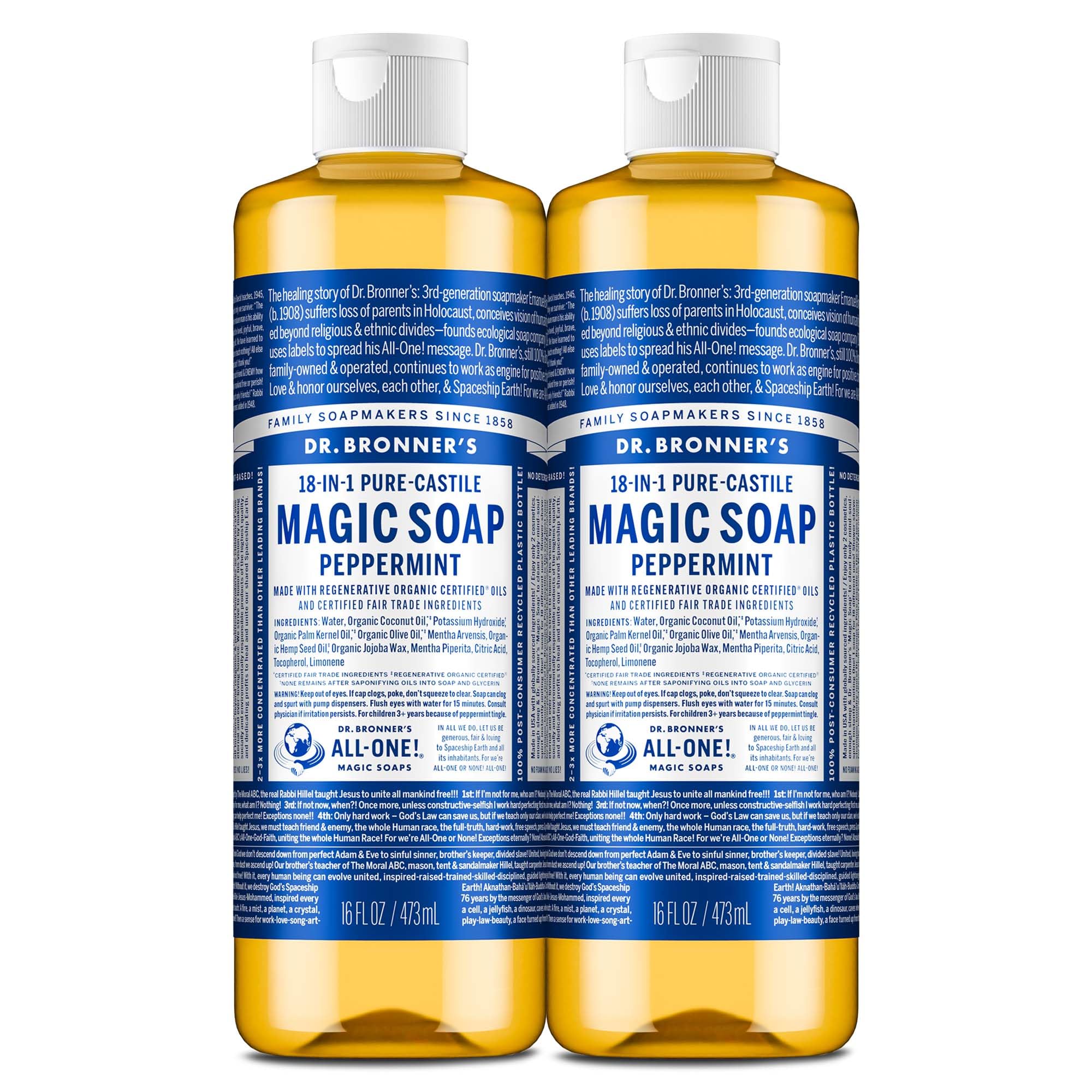 Magic Soap-Pure-Castile Liquid Soap (Peppermint, 16 ounce, 2-Pack)-Regenerative Organic Certified Oils, 18-in-1 Uses: Body, Hair, Laundry, Pets & Dishes, Concentrated, Vegan, Non-GMO