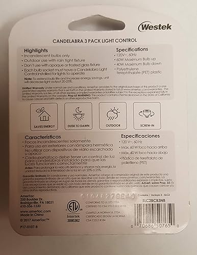 Miniatura 2 de Westek Paquete de 3 candelabros con control de luz (ahorra energía, del atardecer al amanecer, al aire libre, atornillado)