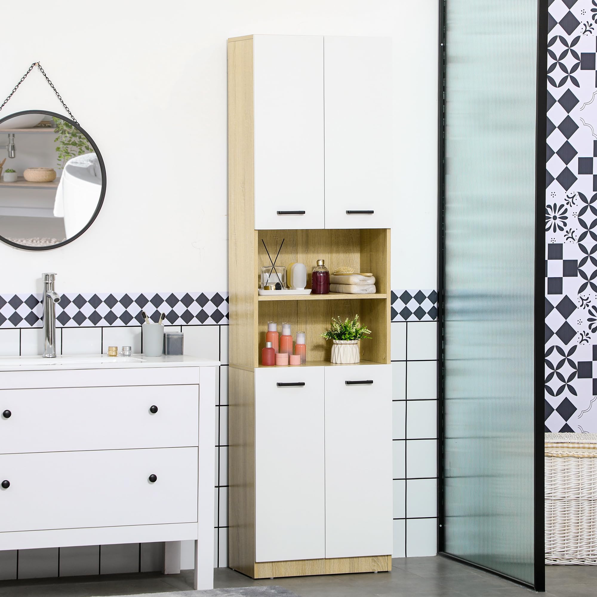 kleankin Columna Auxiliar de Baño Armario Alto de Baño con 4 Puertas 2 Estantes Abiertos y Estantes Ajustables Estilo Moderno para Salón 53x33,5x195,7 cm Blanco y Roble