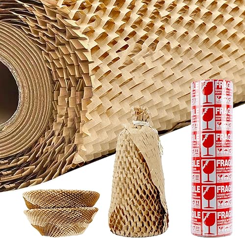 Papel de embalaje de panal, papel de embalaje de 12 x 105 pies para mudanza, rollo protector de papel de panal reciclable con 36 etiquetas adhesivas