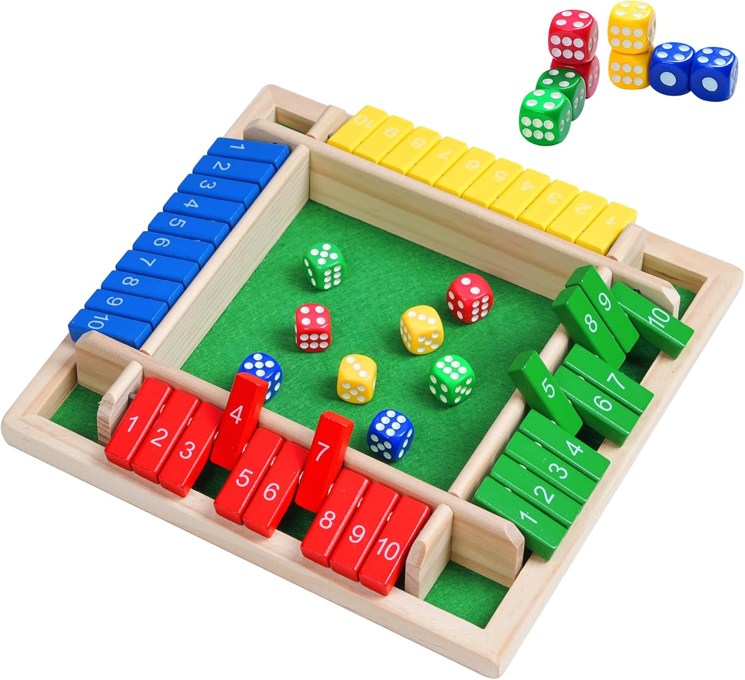 Shut The Box Dice Game - Travel Size 4 Player Classic Wooden Tabletop Entertainment Board Game for Kids & Adults - Fun Family Classroom Home Party or Pub Strategy Games