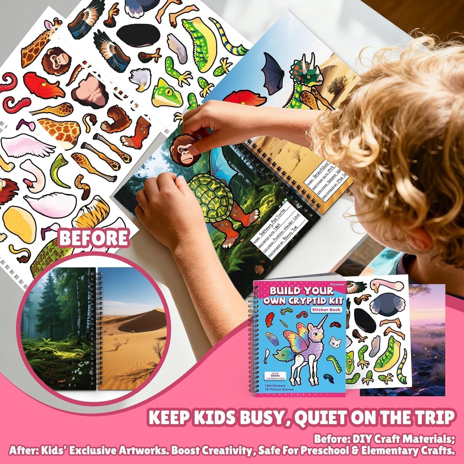 PARTYWIND Sticker Book for Toddlers, Cryptid Animals Sticker Book with 16 Scenes + 11 Sheet Stickers for Boy & Girl, Airplane Travel Toy Essentials, Cryptid Construction Kit Book for Kids Age 3-5