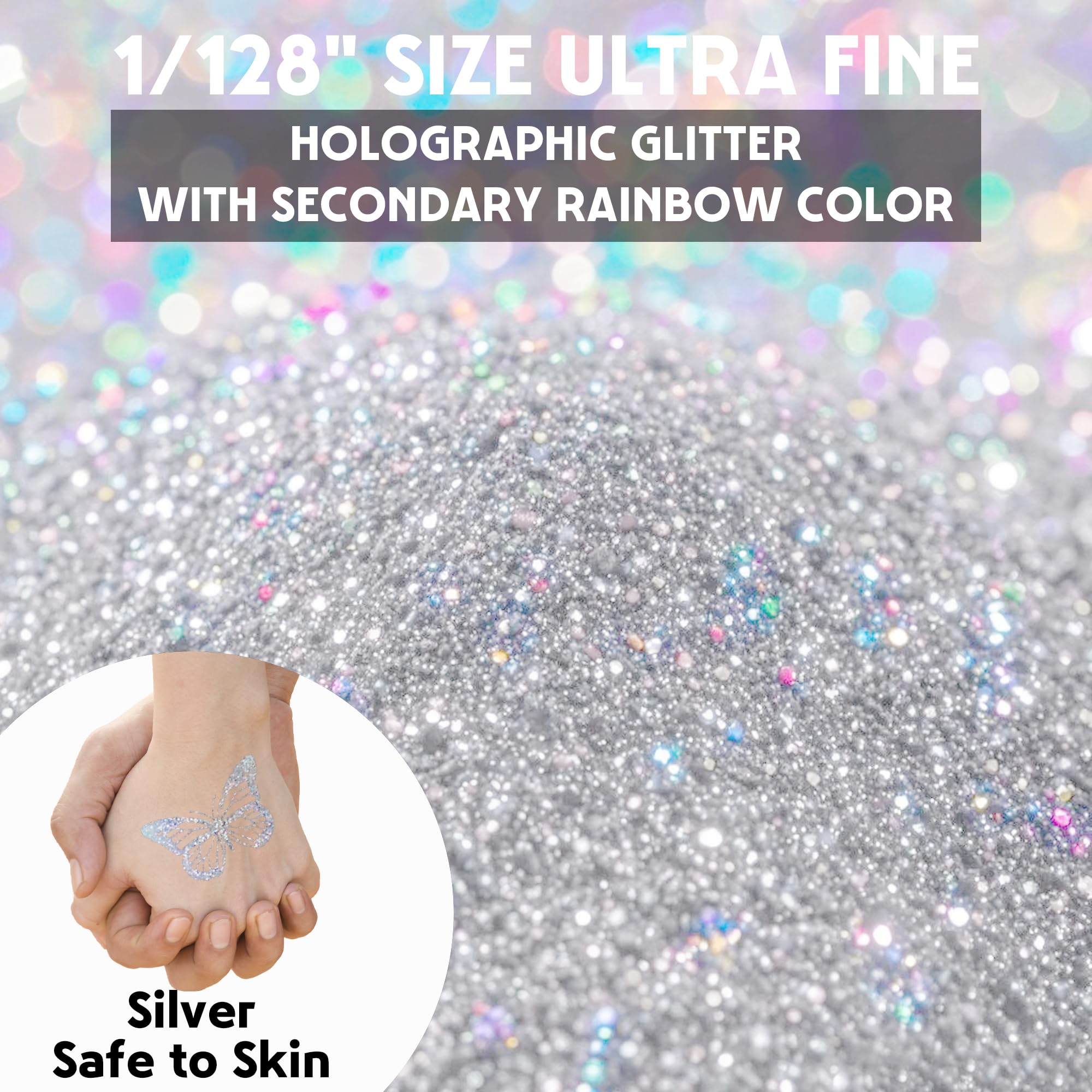 Glitter Olografici Ultrafini, Glitter Di Bellezza, Argento140g, Adatti Per Capelli, Viso, Corpo, Unghie e Trucco Natalizio. Adatti Anche Per Resina Epossidica, Vetro e Lavori Artigianali.