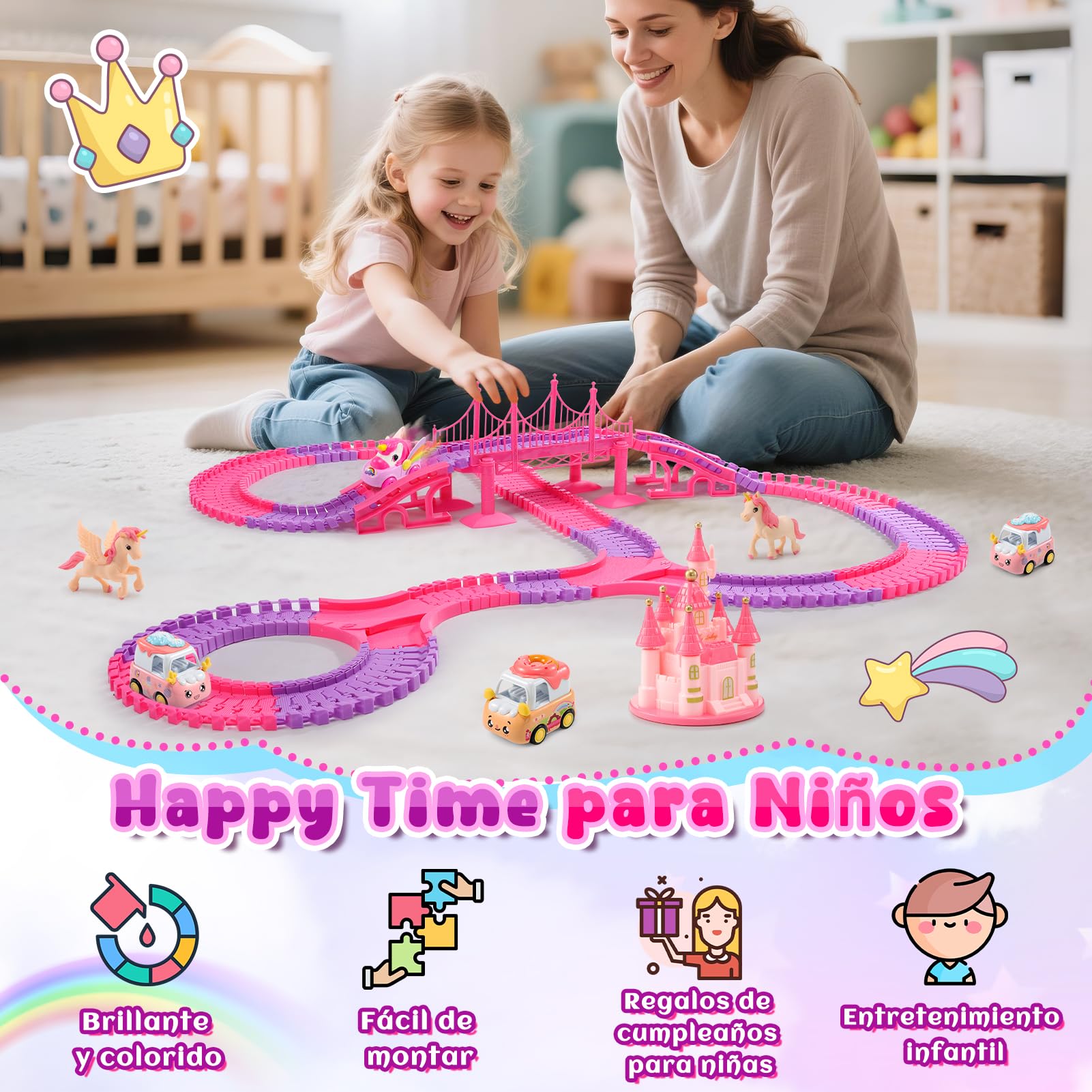 iKidiki Unicornios para Niñas 3 4 5 6 7 8 Años, Pista de Coches para Niños Regalo Juguetes Niña 3-8 Años Pista Coches Flexible Juguetes para Niñas Pistas Tiburon Niña Regalos Cumpleaños Niños