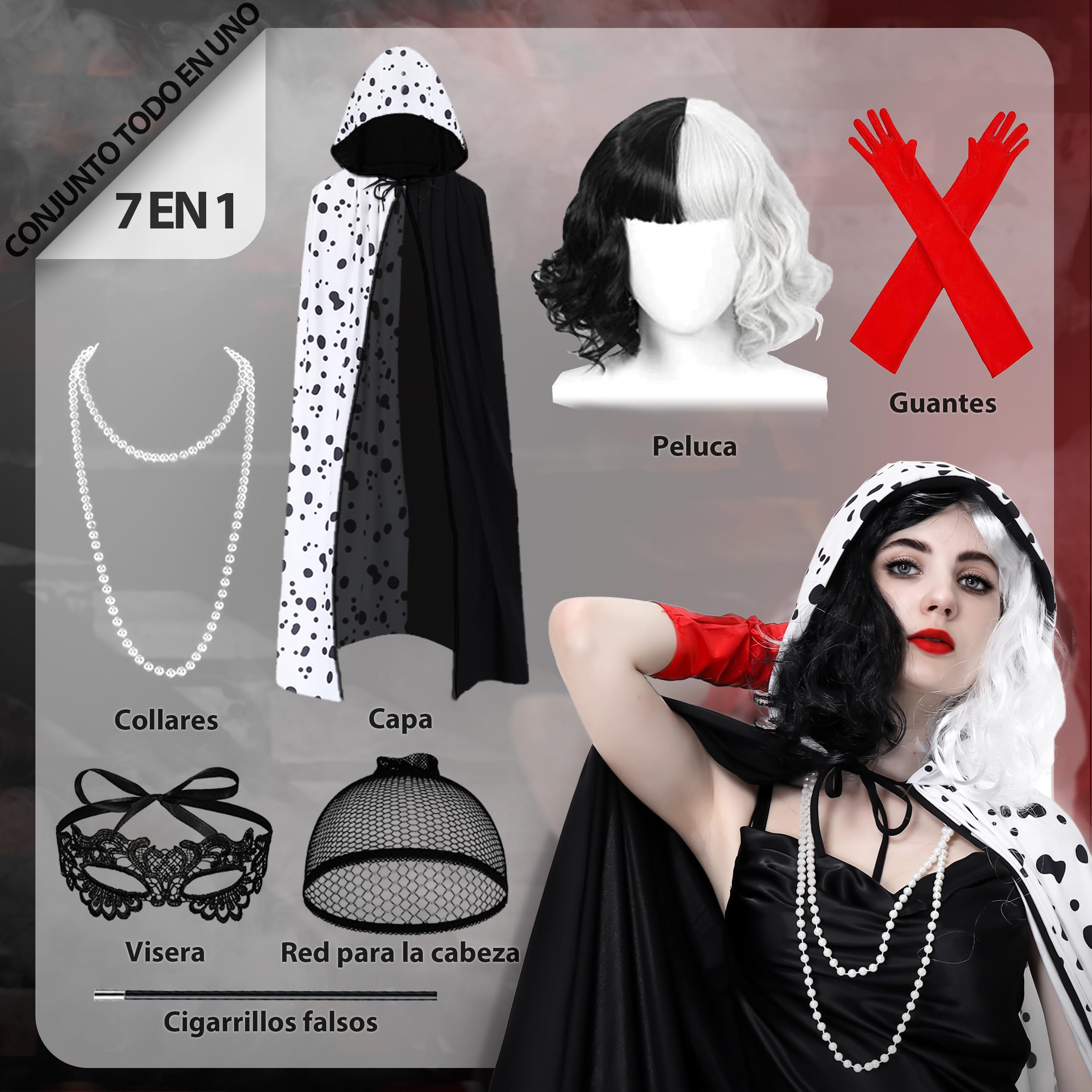 Charmofun 7 Piezas Disfraz Cruella Devil Mujer, Cruella de Vil Disfraz con Collar Peluca Guantes, Traje Halloween Mujer para Carnaval, Fiesta de Disfraces y Cosplay