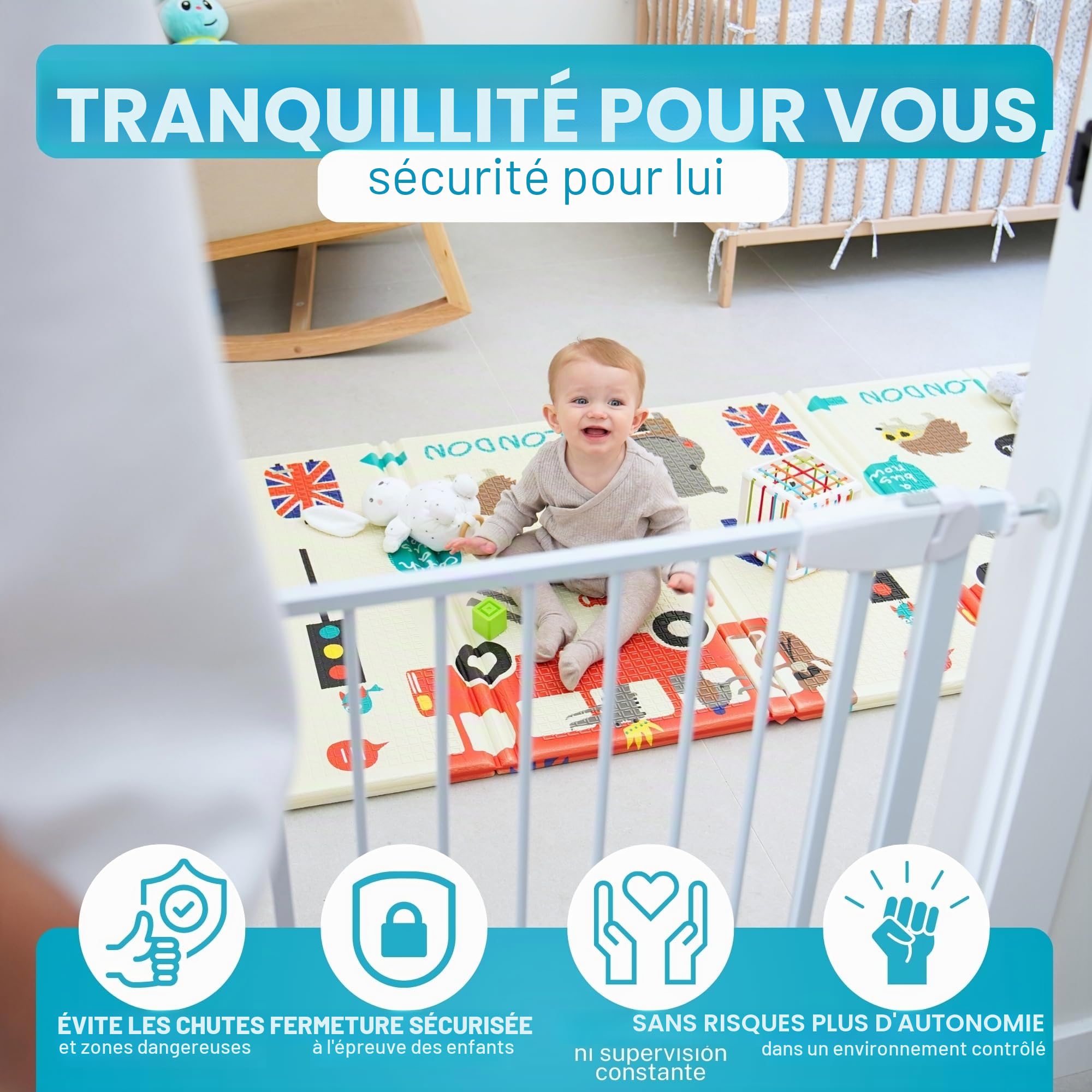 ALMAR Baby Barrière de sécurité 61-68 cm blanc | Montage facile sans vis pour portes, couloirs ou escaliers pour enfants ou animaux domestiques | Clôture blanche avec système de fermeture automatique