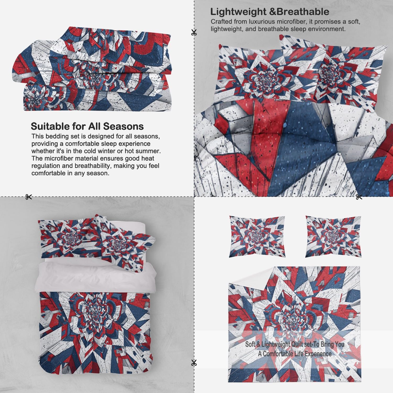 Zestaw poszewek na kołdrę Anti-Shrink Duvet Cover zawiera 2 poszewki na poduszki 80 x 80 cm i 1 kołdrę 180 x 200 cm, niebieski czerwony geometryczny trójwymiarowy abstrakcyjny