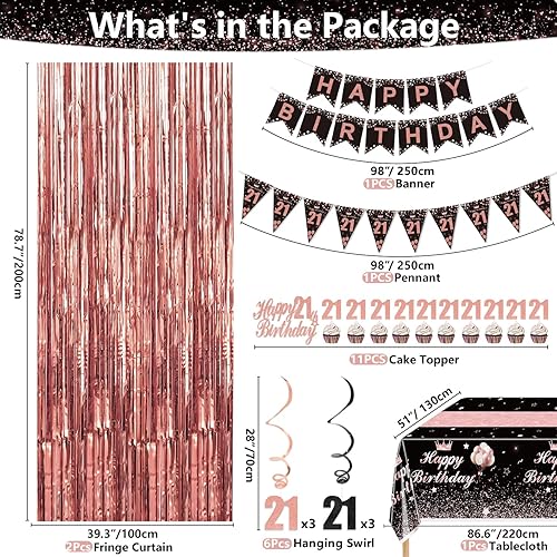 Miniatura 26 de Decoraciones de fiesta de oro rosa y negro – Cartel de feliz cumpleaños, globos, cortinas de flecos, mantel y decoración de pastel para niñas de 1
