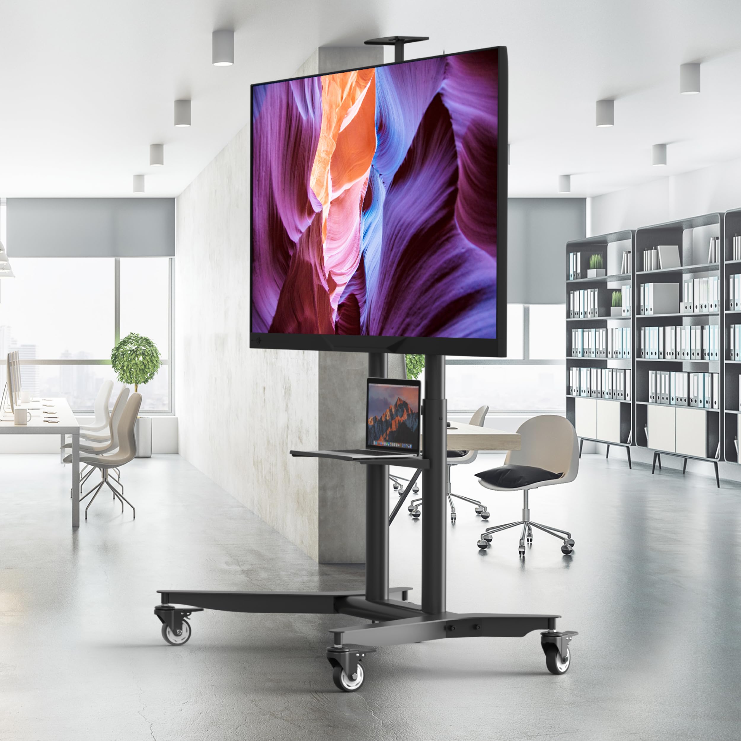 ONKRON TV Ständer rollbar für 55-90 Zoll Fernseher, max Belastung 90 kg, TV Rollwagen höhenverstellbar, VESA 200x200-800x600, professioneller Fernsehständer mit Rollen, Ablage Schwarz TS1871-B