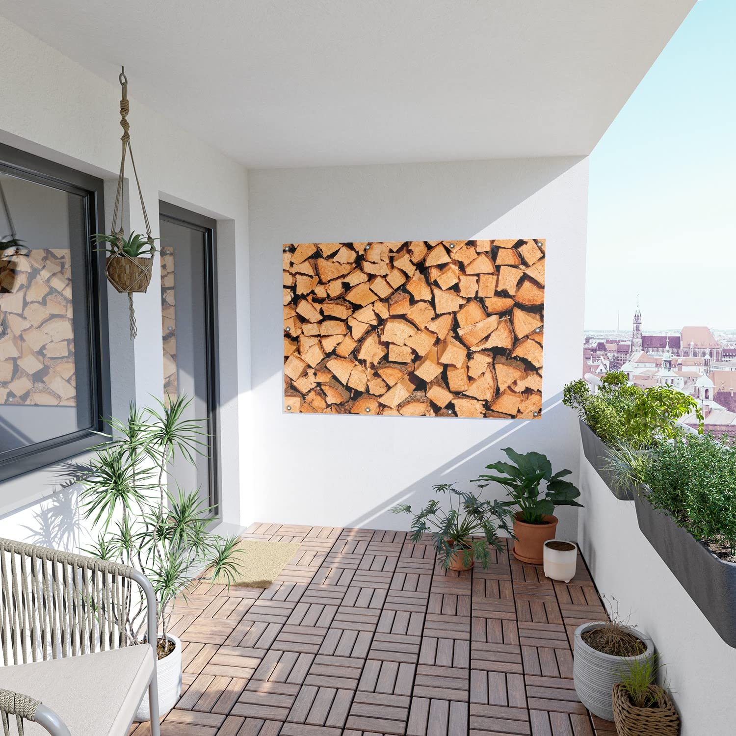 Wallario Outdoor-Poster für Garten oder Balkon Holzstapel gehackt - Holzscheite für den Kamin, Motivbanner Größe: ca. 100 x 150 cm, Outdoor-Bild