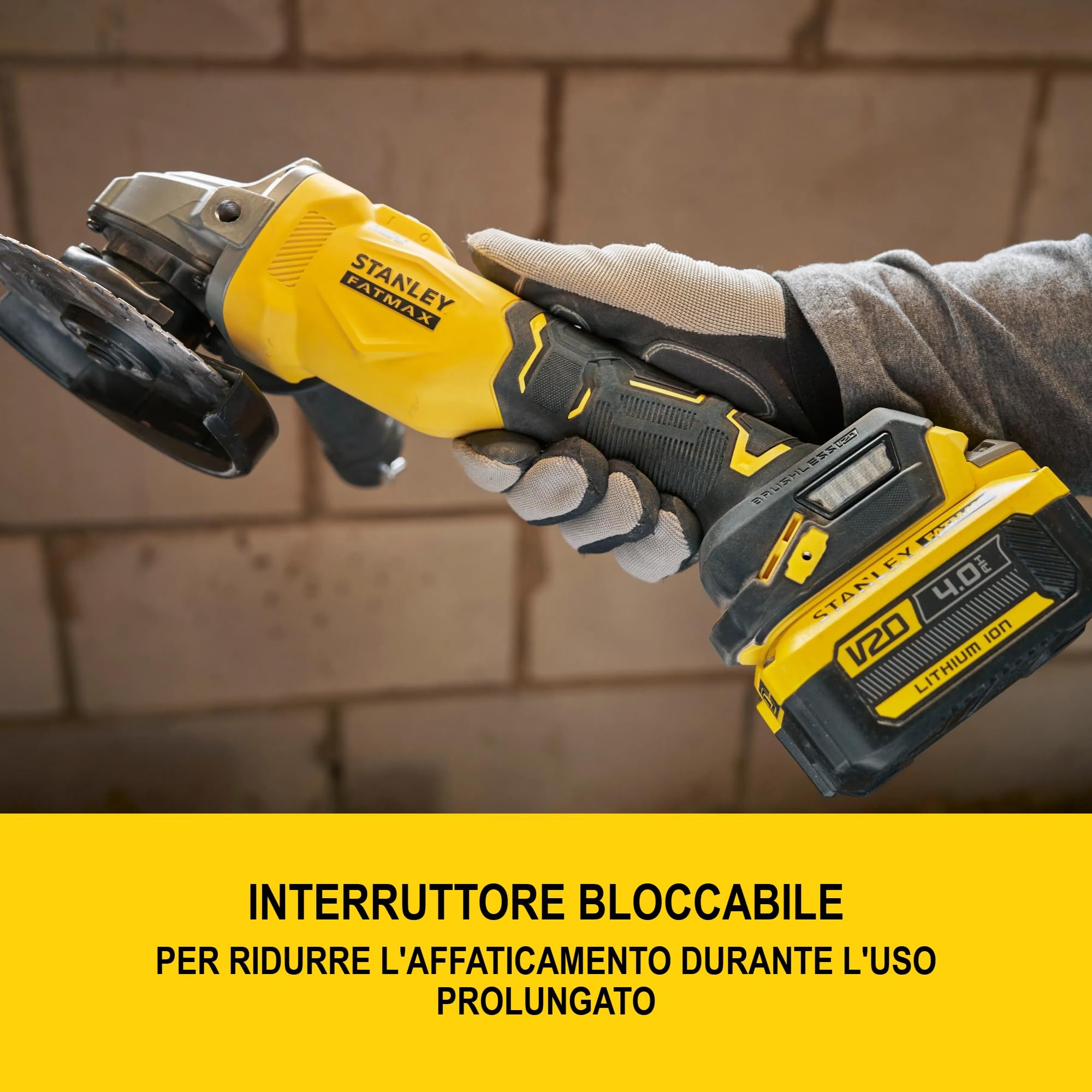 STANLEY FATMAX V20, smerigliatrice angolare Brushless da 125 mm, include batteria agli ioni di litio da 4,0 Ah, caricatore da 2 A e custodia PRO-STACK, 18 V, SFMCG710M1T-QW