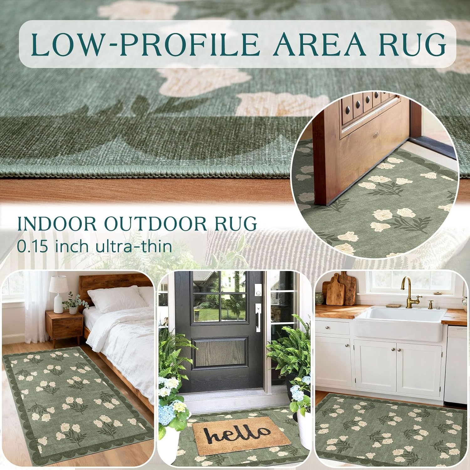 Floral Outdoor Rug - 28" x 43" Front Door Mat Indoor Outside Entrance Non-Slip Washable Outdoor Mat Sage Green Spring Scalloped Rug for Entryway Kitchen Bedroom Layered Doormat for Front Porch