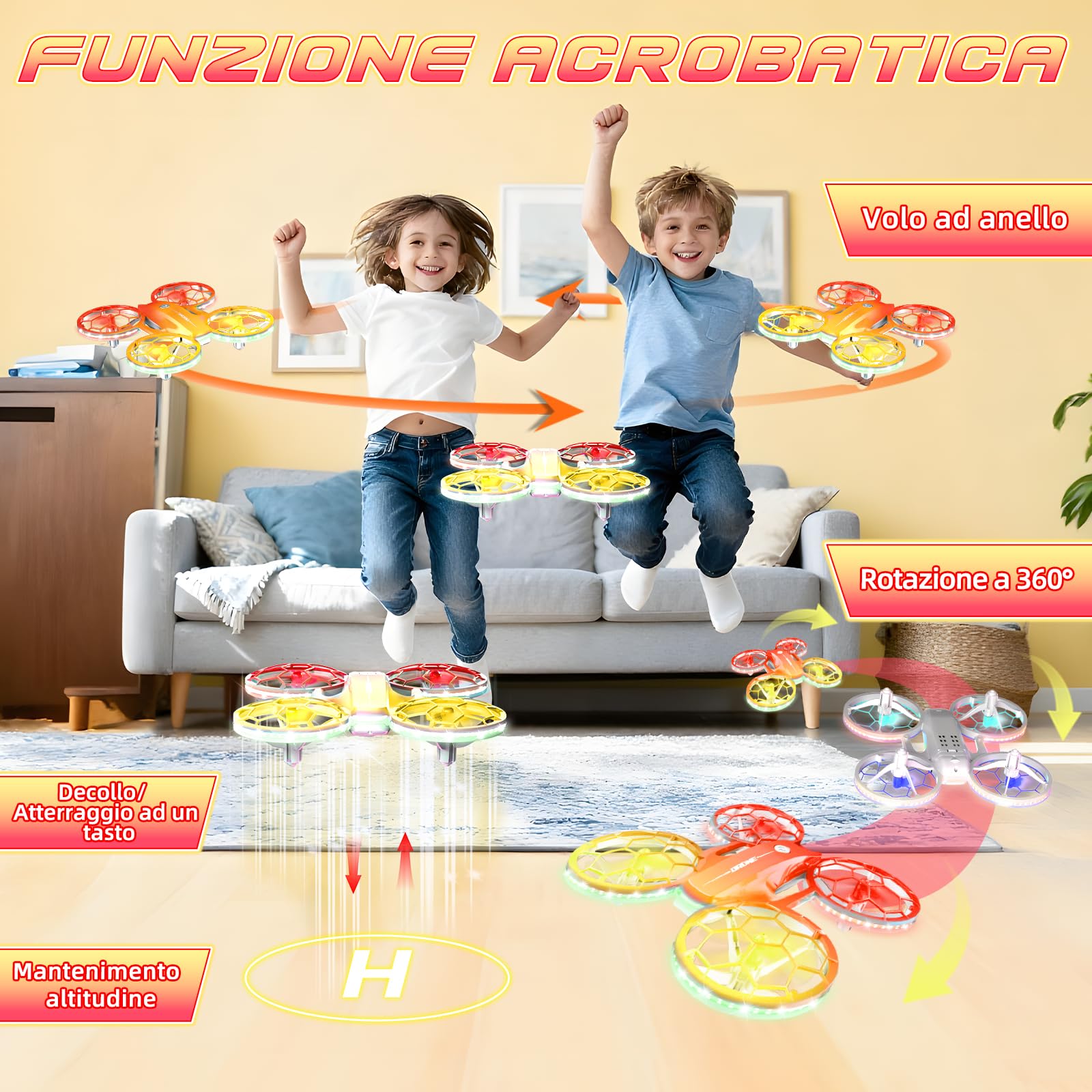 Charmofun Mini Drone Giocattolo per Bambini, Drone Telecomandato con 4 Effetti Luci Led, Droni per Principianti con Capriole a 360°, 3 Batterie, Regali per Bambini e Bambine 6 7 8 9 10+ Anni