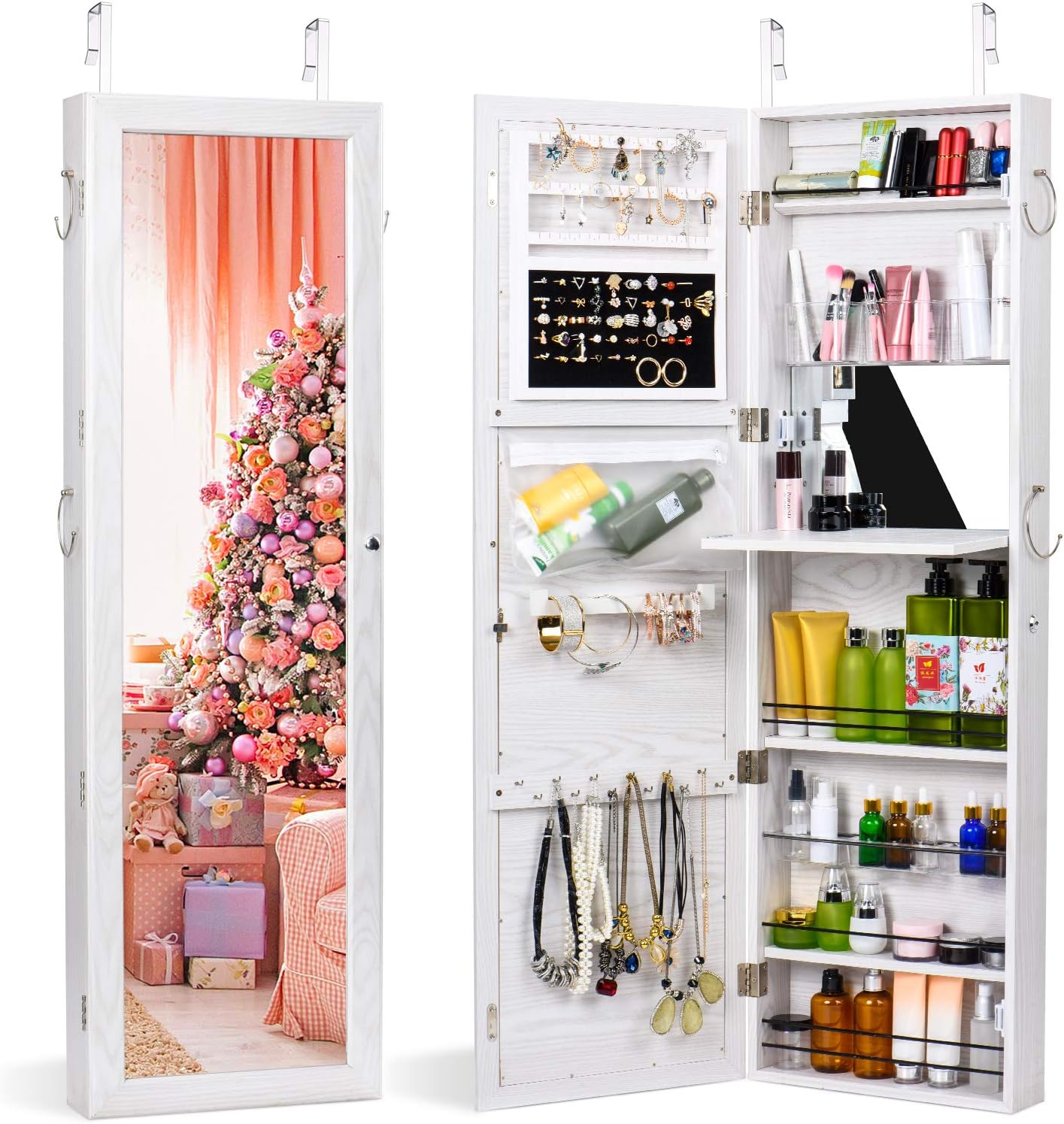 TWING Jewelry Armoire With Mirror For Door, Over The Door Mirror Jewelry Cabinet, Wall Jewelry Organizer, Over Door Mirror With Jewelry Storage, Lockable Mirror With Storage, Makeup Organizer