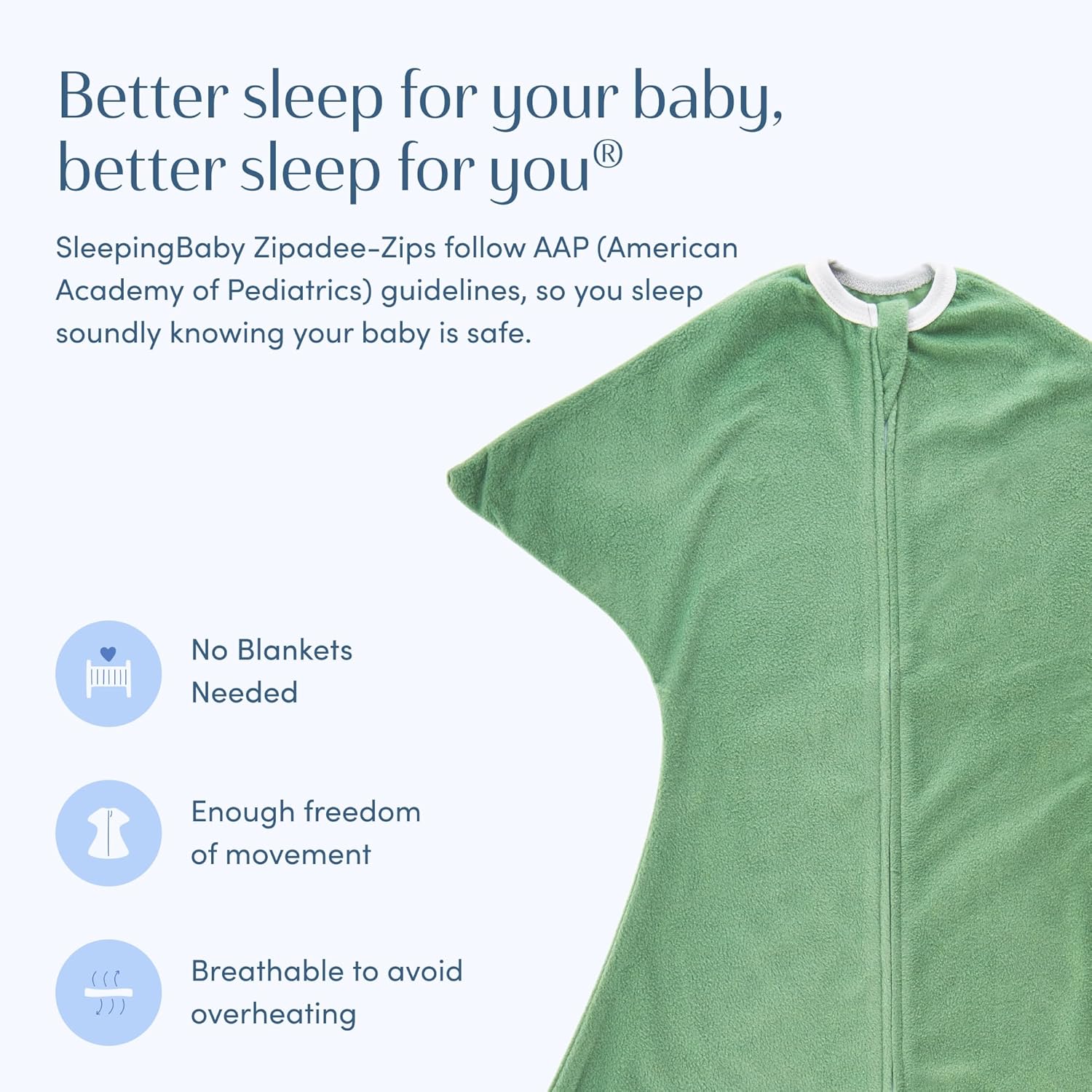 SleepingBaby Zipadee-Zip Fleece Transition Swaddle - Arms-Out Wearable Blanket for Baby Sleep, Soft Breathable Fleece 0.8 TOG - Basil, Small (4-8 Month)