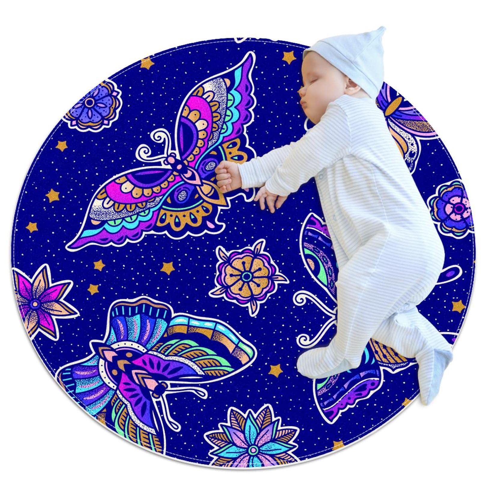 Tapis de salle de bain rond de 1m motif papillon et fleurs colorées pour chambre