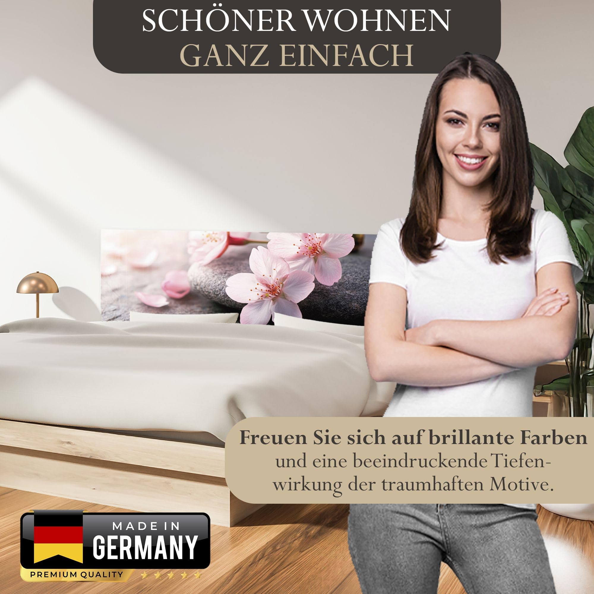 timalo Kopfteil fürs Bett 200 x 58 cm | Rosa Kirschblüten auf Stein, Wellness, Beauty | Bettrückwand/Wandschutz – Acrylglas 2 mm – Elegantes Wandpaneel fürs Schlafzimmer Bett