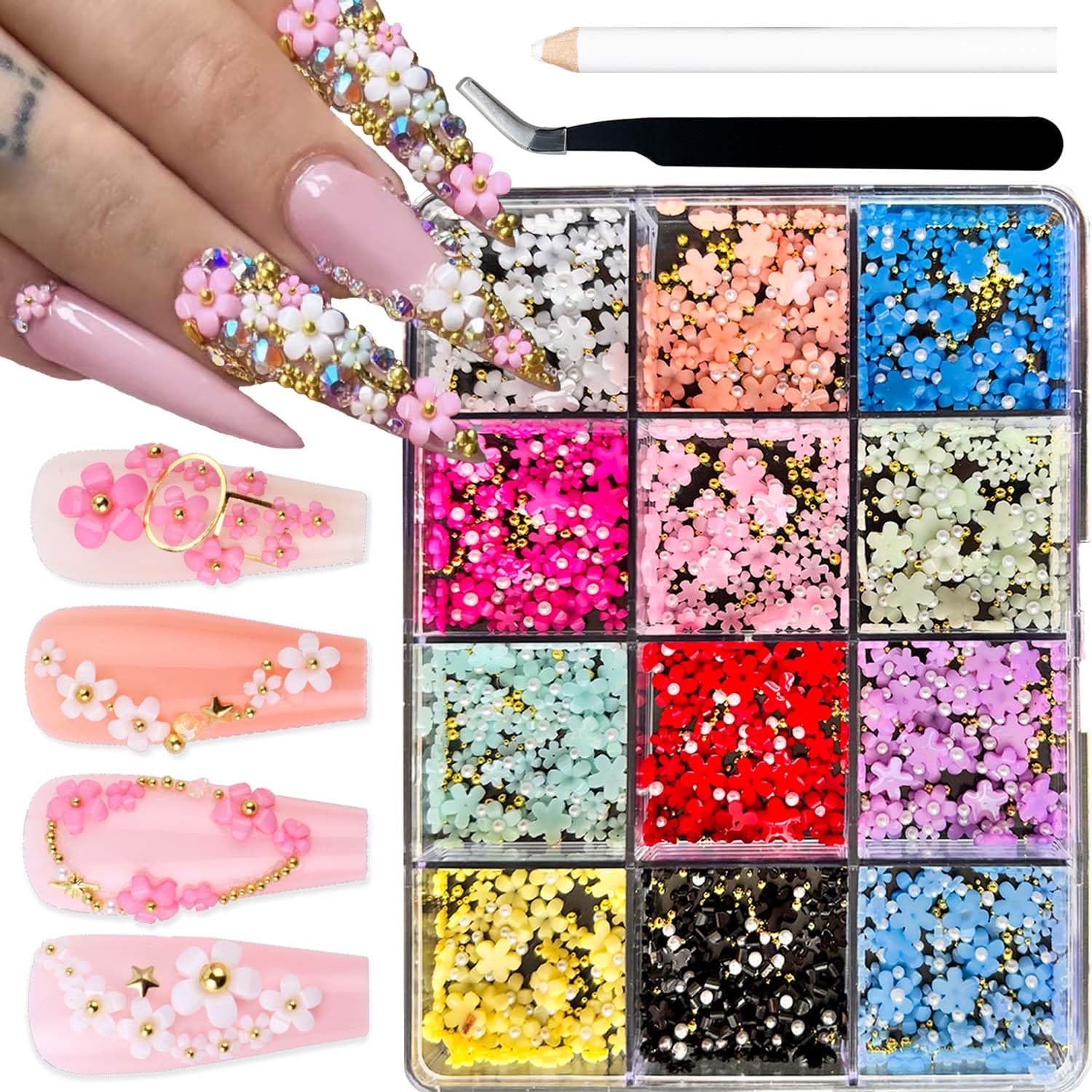 3D Flowers Nail Charms Flower Acrylic Nail Art Rhinestones with Metal Golden Round Beads Charms for Nails Design Colorful Floral Resin Charms