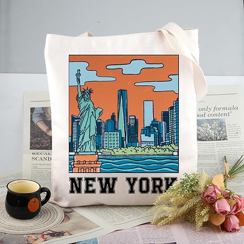 Miniatura 4 de VAMSII Bolsa de lona de Nueva York, regalos de recuerdo de Nueva York, bolsa reutilizable de la ciudad de Nueva York, bolsa de hombro retro para
