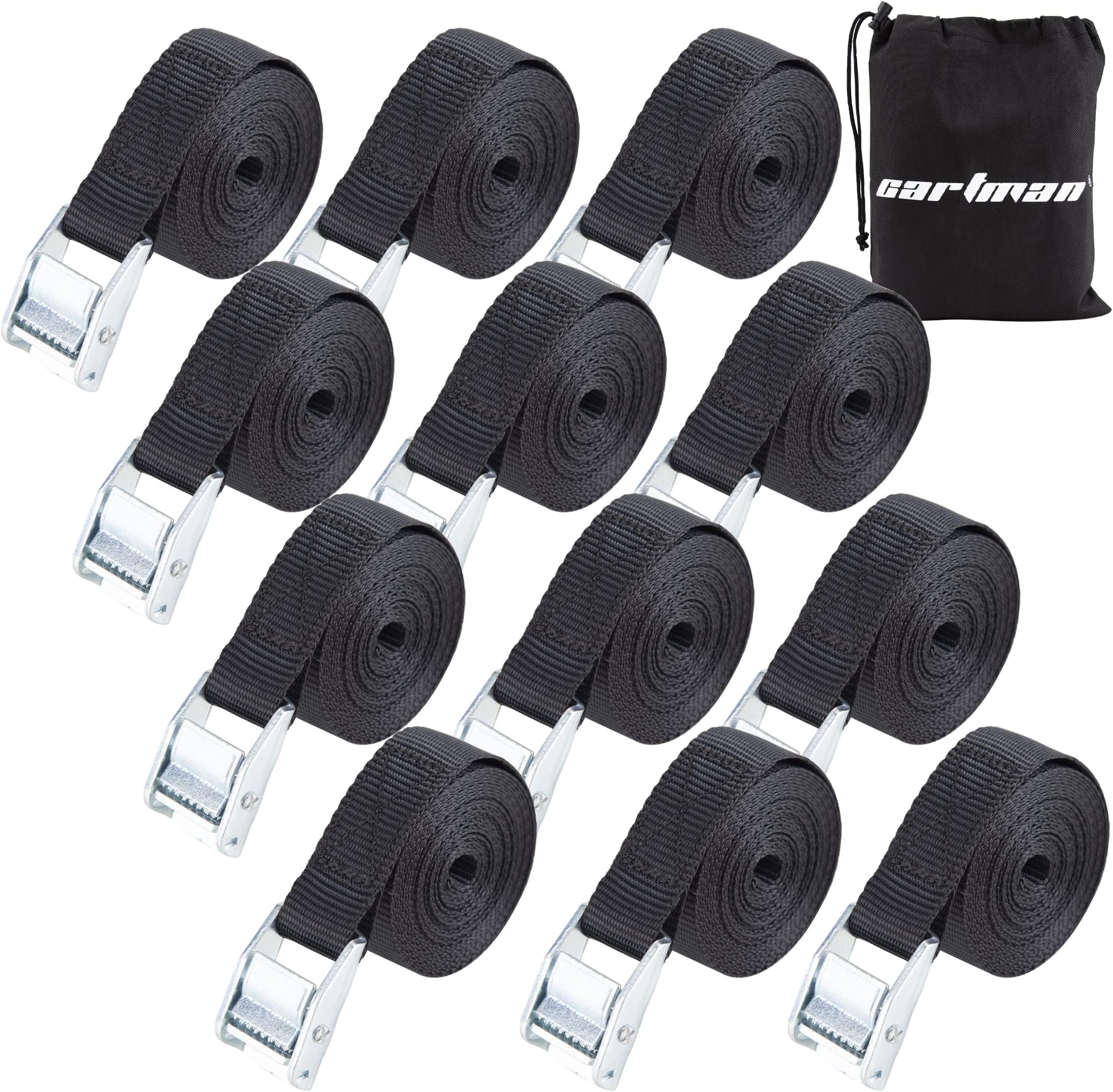 Cartman 1" x 12' Lashing Straps Cargo Tie-Down Strap Up to 600lbs, 12pk in Carry Bag, Black