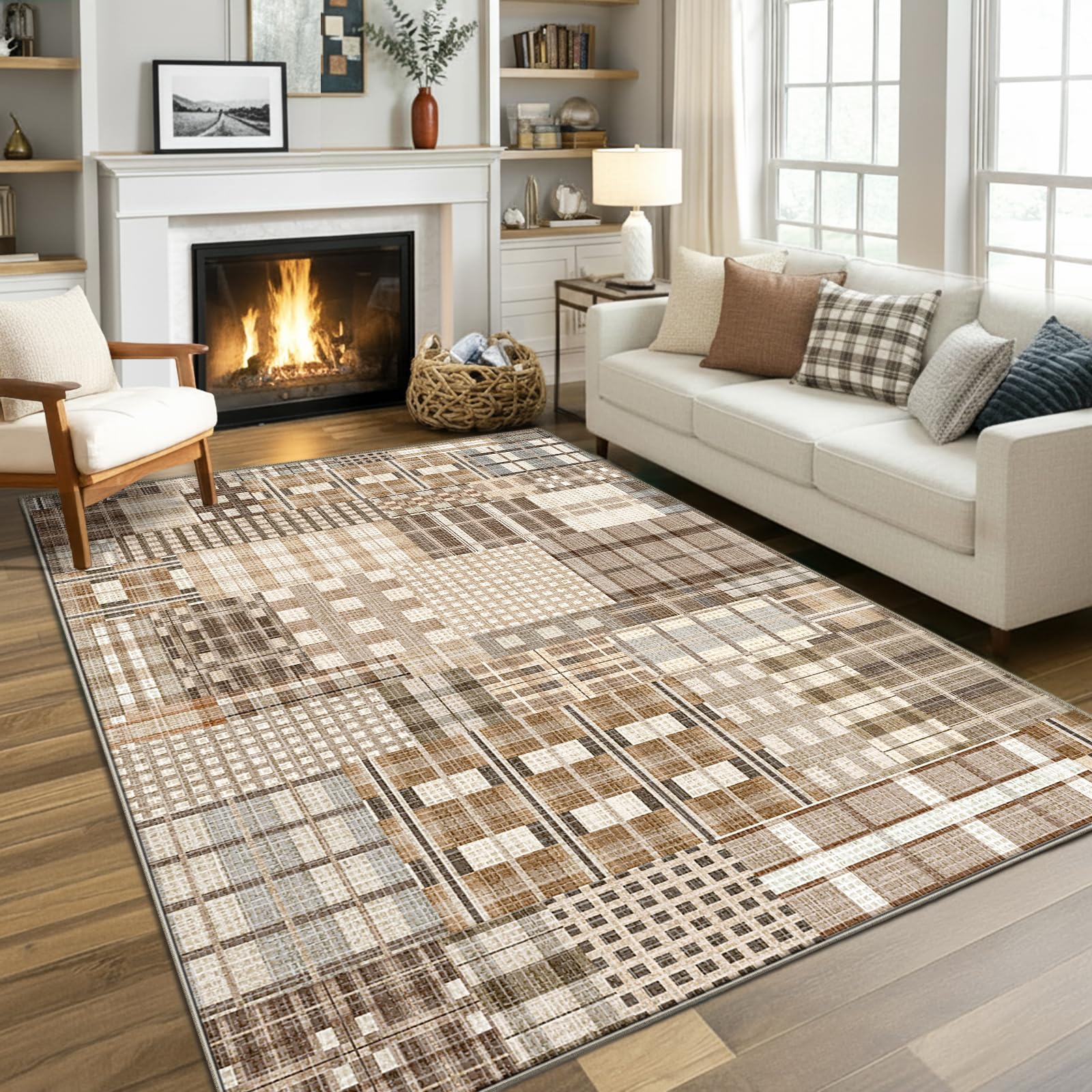 GthreeD Rugs Living Room 140x200cm, Area Rugs for Bedroom, Machine Washable Vintage Rug, Modern Abstract Area Rugs for Kids Girls and Boys, Dining Room, Home Office, Bedroom, Beige Check