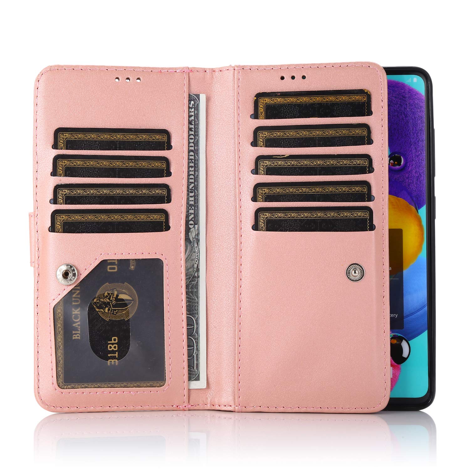 EYZUTAK Wallet Case for Samsung Galaxy A51,Magnetic Handbag Zipper Pocket PU Leather Flip with 9 Card Slots and Wrist Strap Folio TPU Inner Stand Case for Samsung Galaxy A51 - Rose Gold