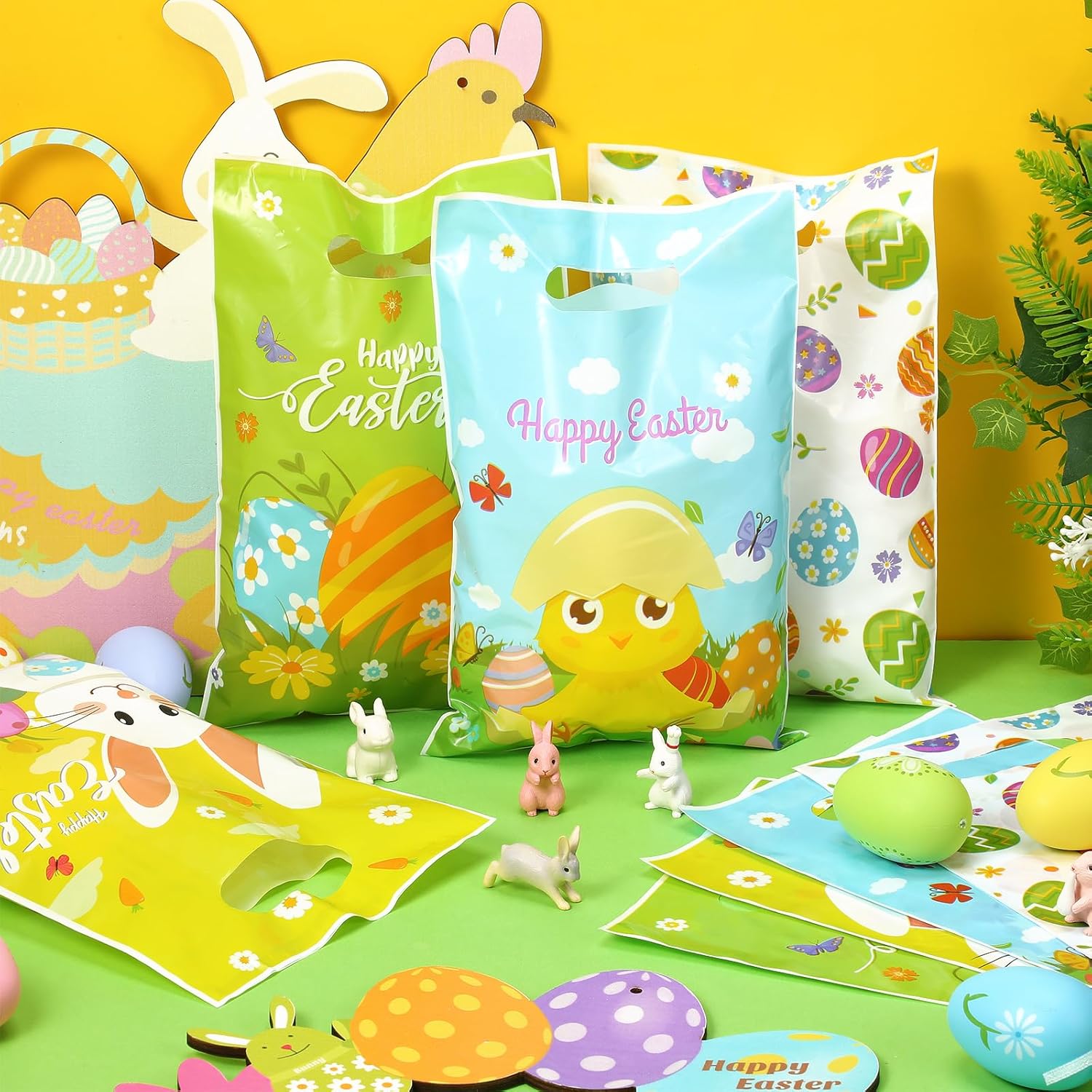 Wesnoy 48 Pcs Happy Easter Gift Bags Easter Plastic Bags with Handle Bunny Plastic Gift Pouches for Religious Spring Egg Hunt Birthday Party Supplies Decoration (funny, 6.7 x 9.8 Inch) - Image 4