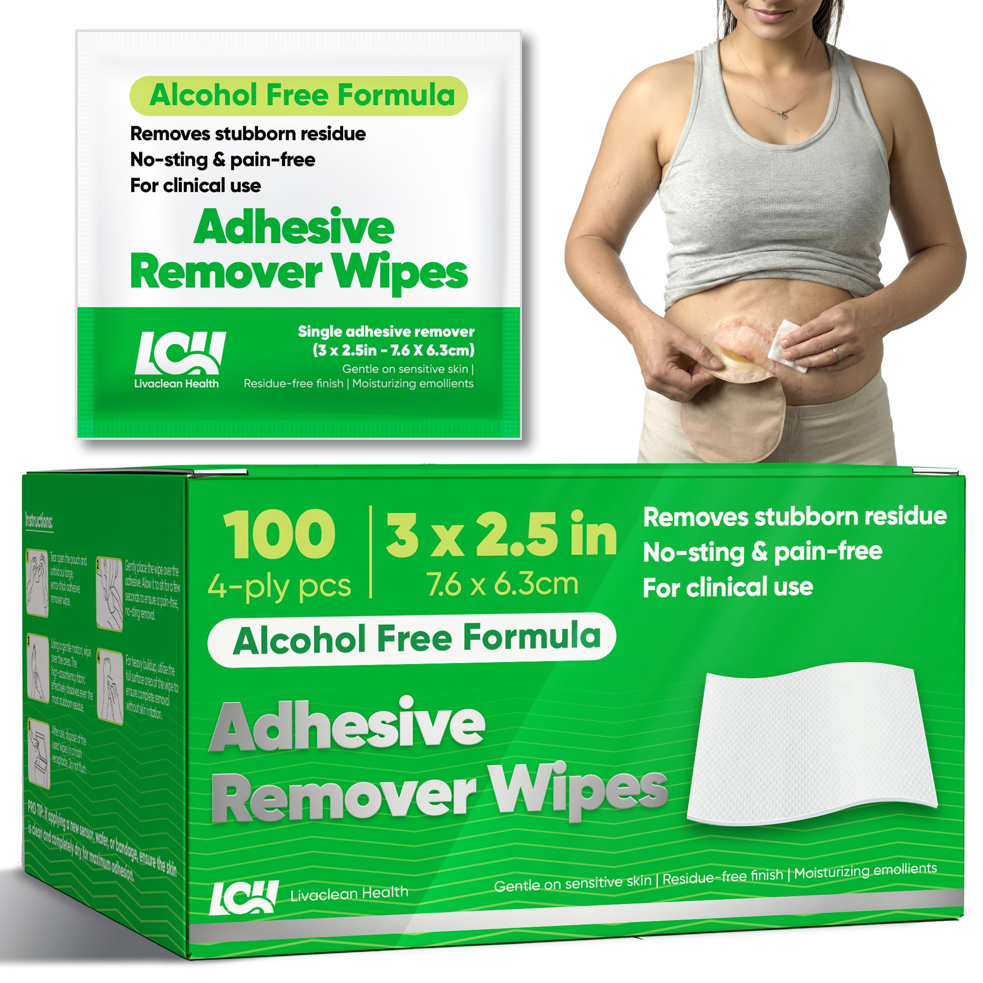 100CT Adhesive Remover Wipes – Alcohol-Free No-Sting Medical Adhesive Remover for Skin – 3"x2.5" 60 GSM Adhesive Remover Pads – Effective Bandage, Dressings, Ostomy Adhesive Removers