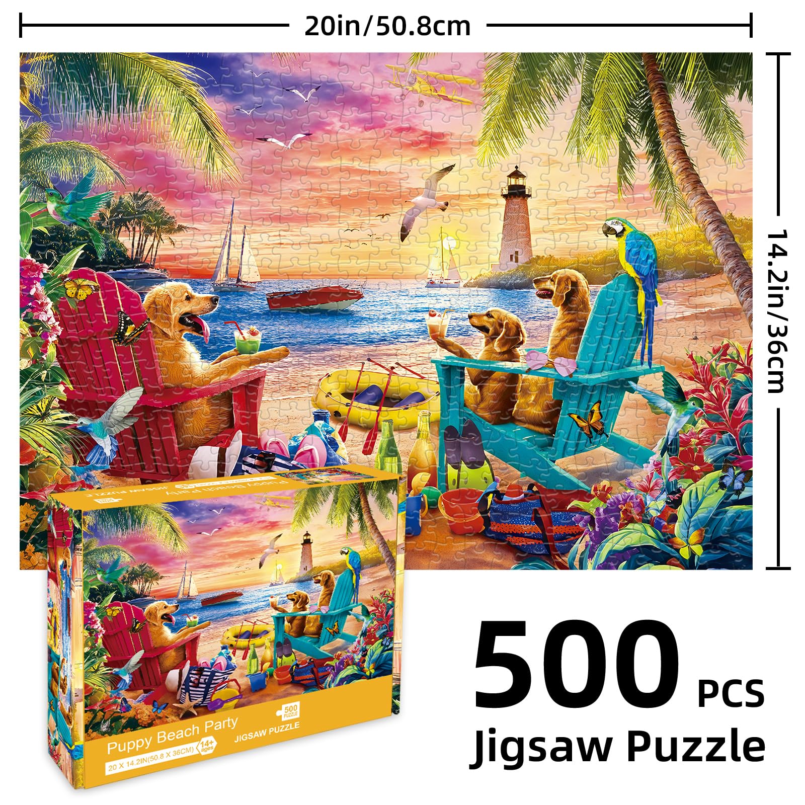 Sutinban Beach Party Puzzles 500 Pieces for Adults Ocean Seaside Dogs Happy Time 500 Piece Jigsaw Puzzles for Adults Gifts Theme: Beach Puppy - Image 2