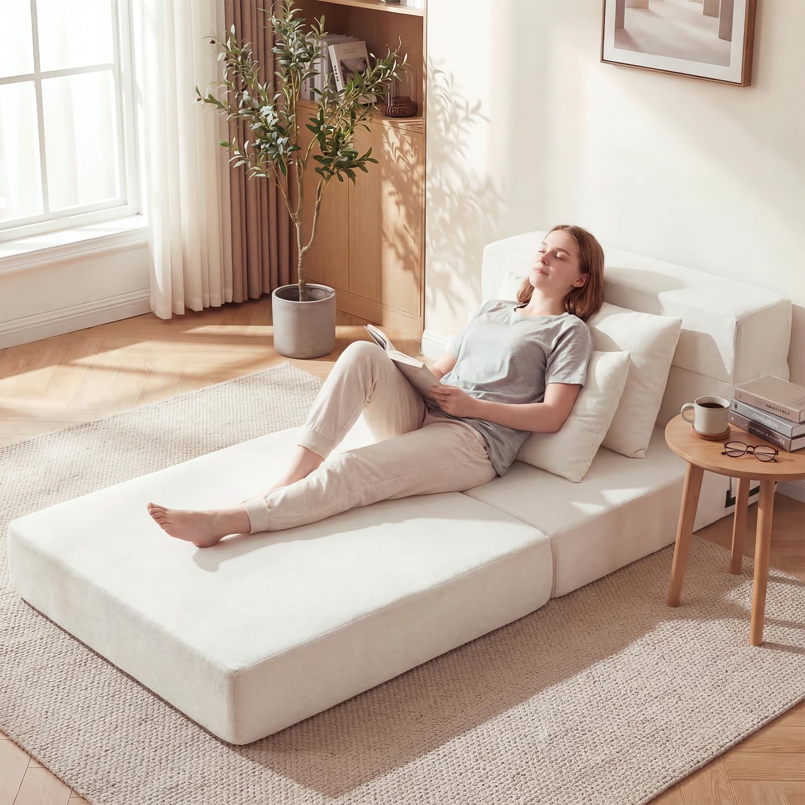 COSTWAY Schlafsofa Klappbar, 3-in-1 Bodensofa mit Schlaffunktion, Schlafsessel aus Chenille-Stoff inkl. 2 Kissen, Sofabett für Wohnzimmer, Schlafzimmer, Home Office (Beige,1-Sitzer)