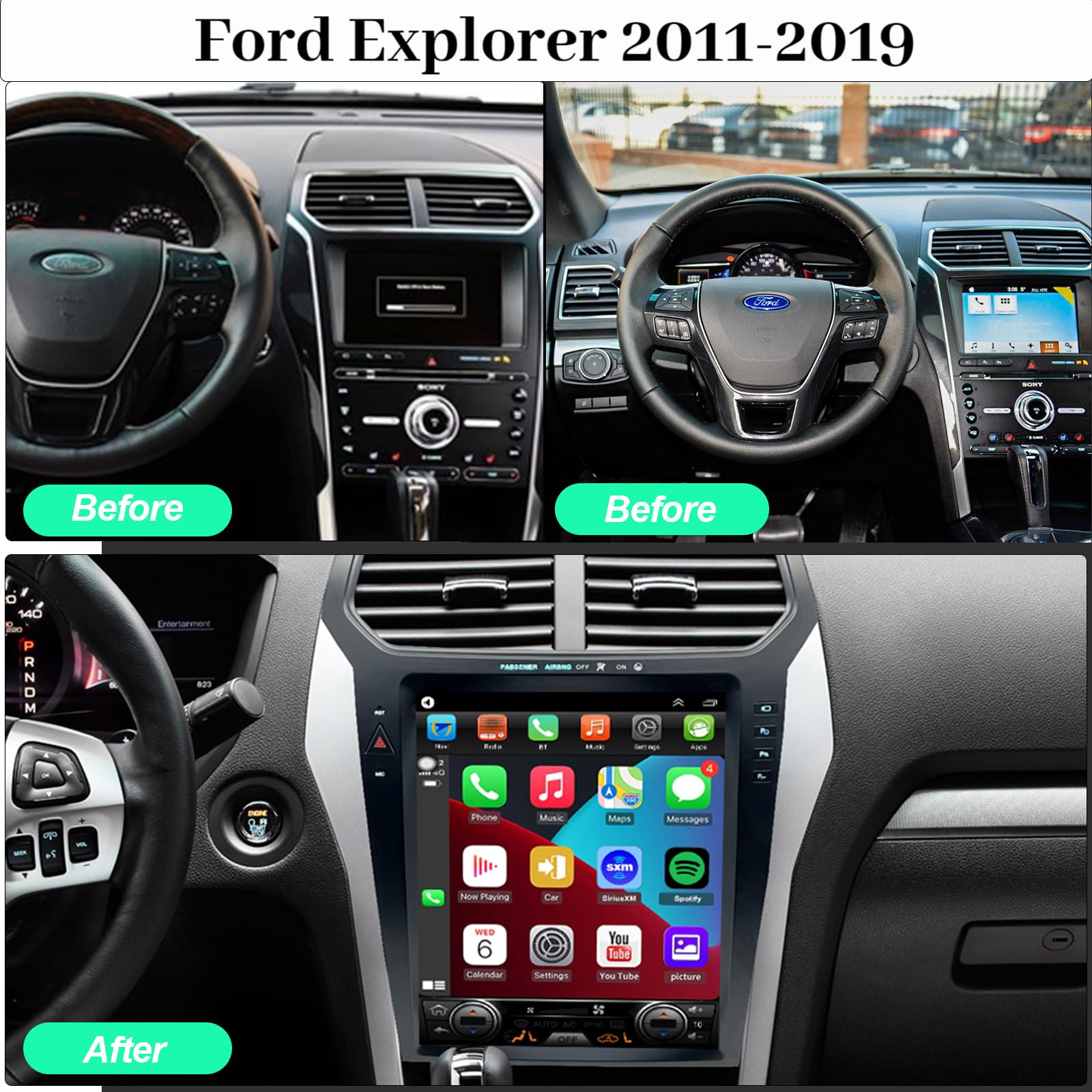 for Ford Explorer 2011-2019 Android 14 Car Stereo Radio Built-in Wireless Apple Carplay & Android Auto 12.1-inch Head Unit Tesla Style IPS Touch Screen with DSP Bluetooth GPS, FM WiFi +Backup Camera