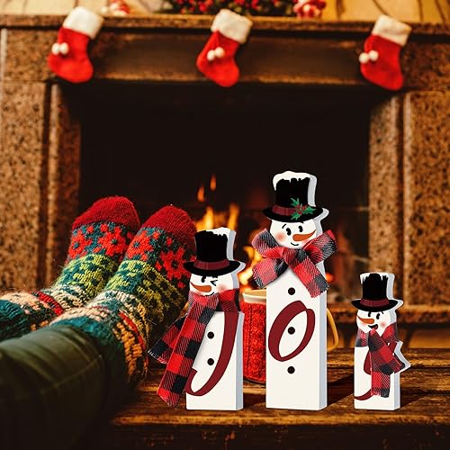 Miniatura 5 de 3 piezas de regalos de madera rústica de Navidad, bloques de madera falsos, centros de mesa de Navidad para mesas, decoración de bandeja escalonada