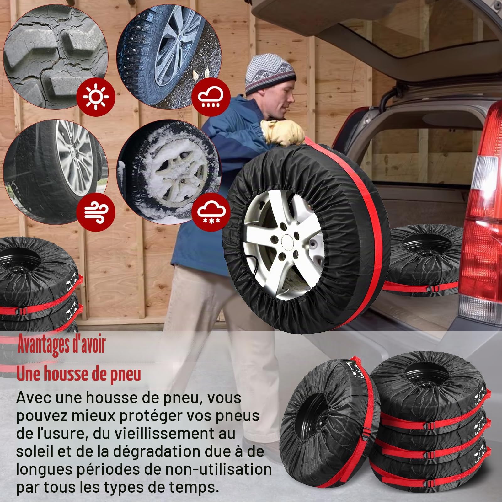 Lot de 4 Housses de Pneus de Secours de Voitur 18-22 In, Housse Roue de Secours de Rechange Universelle, Imperméable, Anti Poussière Neige, Housses de Protection de Roue Voiture avec poignée renforcée