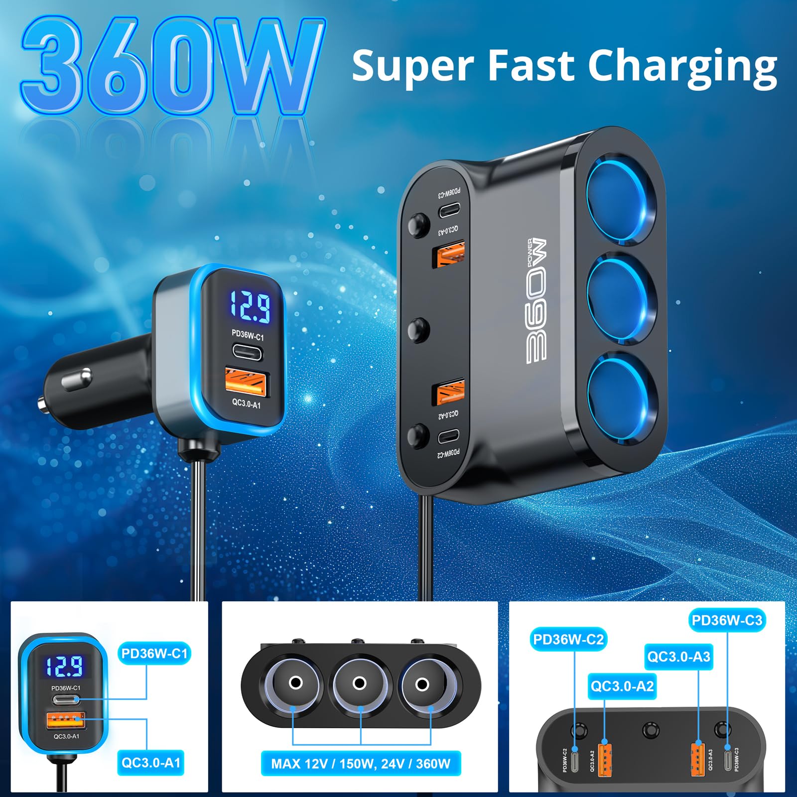 12 V / 24 V 7 in 1 Multiport Splitter Accendisigari, 4 Prese Per Auto