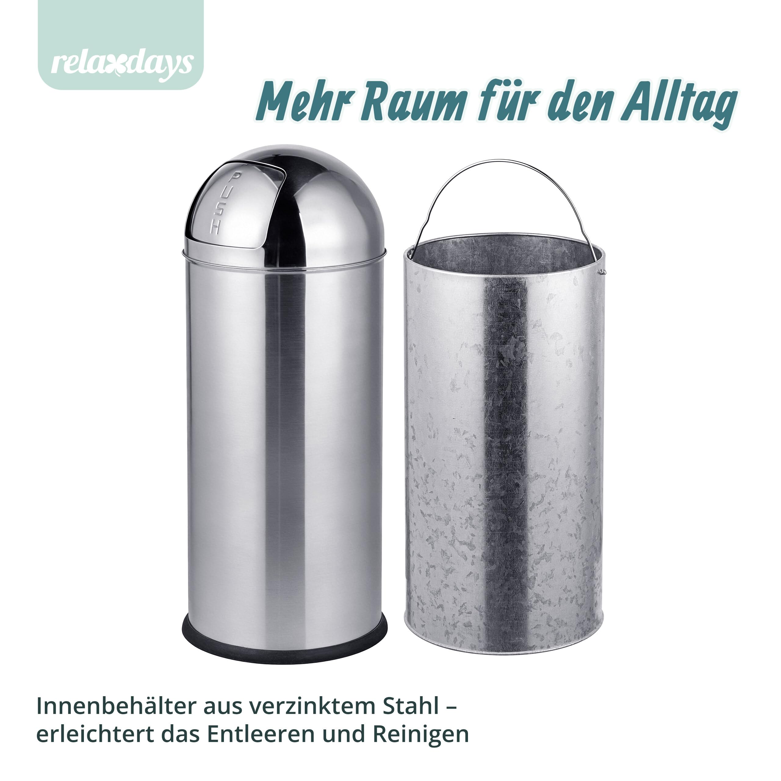 Relaxdays Mülleimer, 70 Liter, Push-Deckel, Edelstahl, entnehmbarer Inneneimer, Küche, Badezimmer, Abfalleimer, silber
