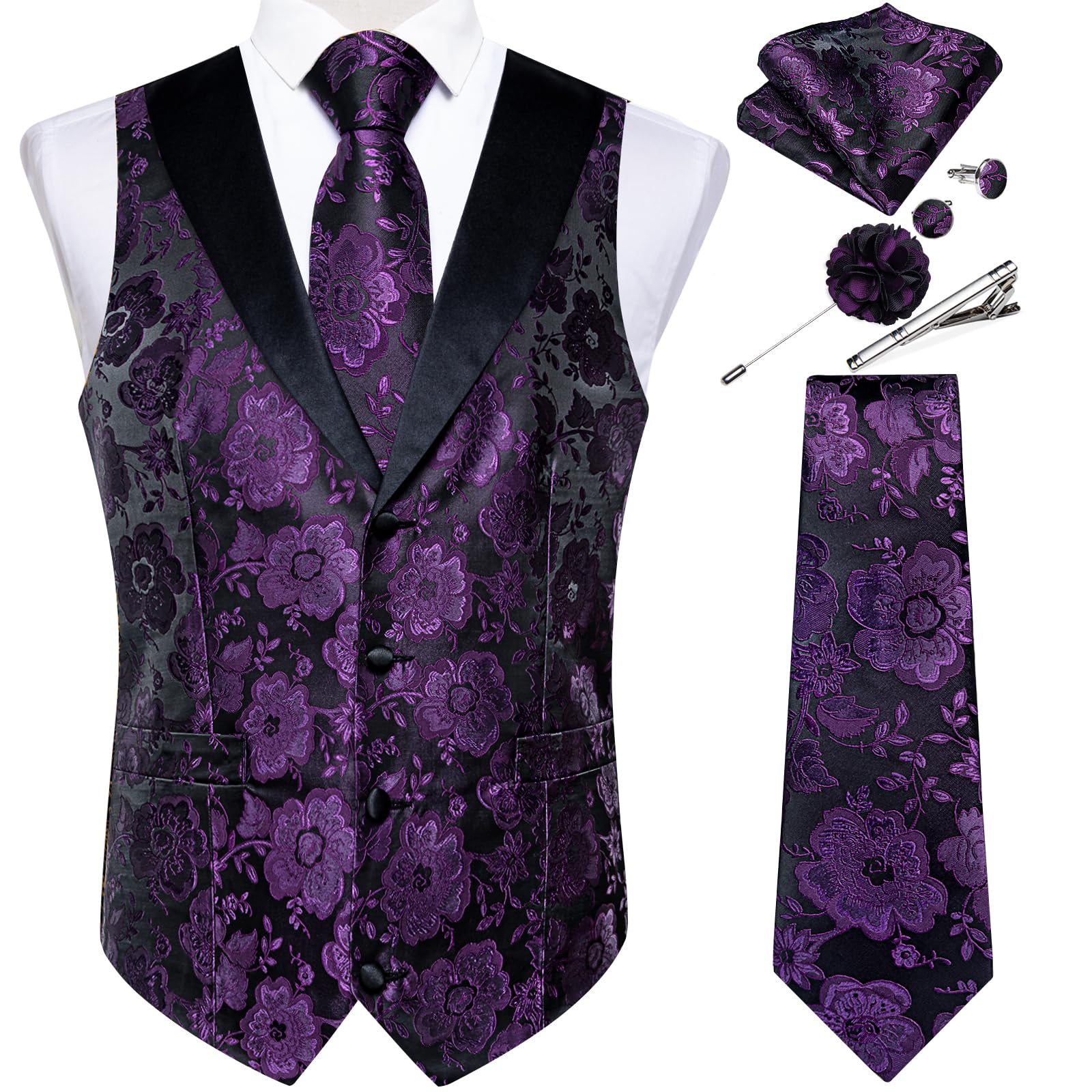 DiBanGu Mens Paisley Suit Vest Silk Jacquard Waistcoat and Necktie Set Formal Shawl Collar Dress Vest 7PCS for Wedding Party