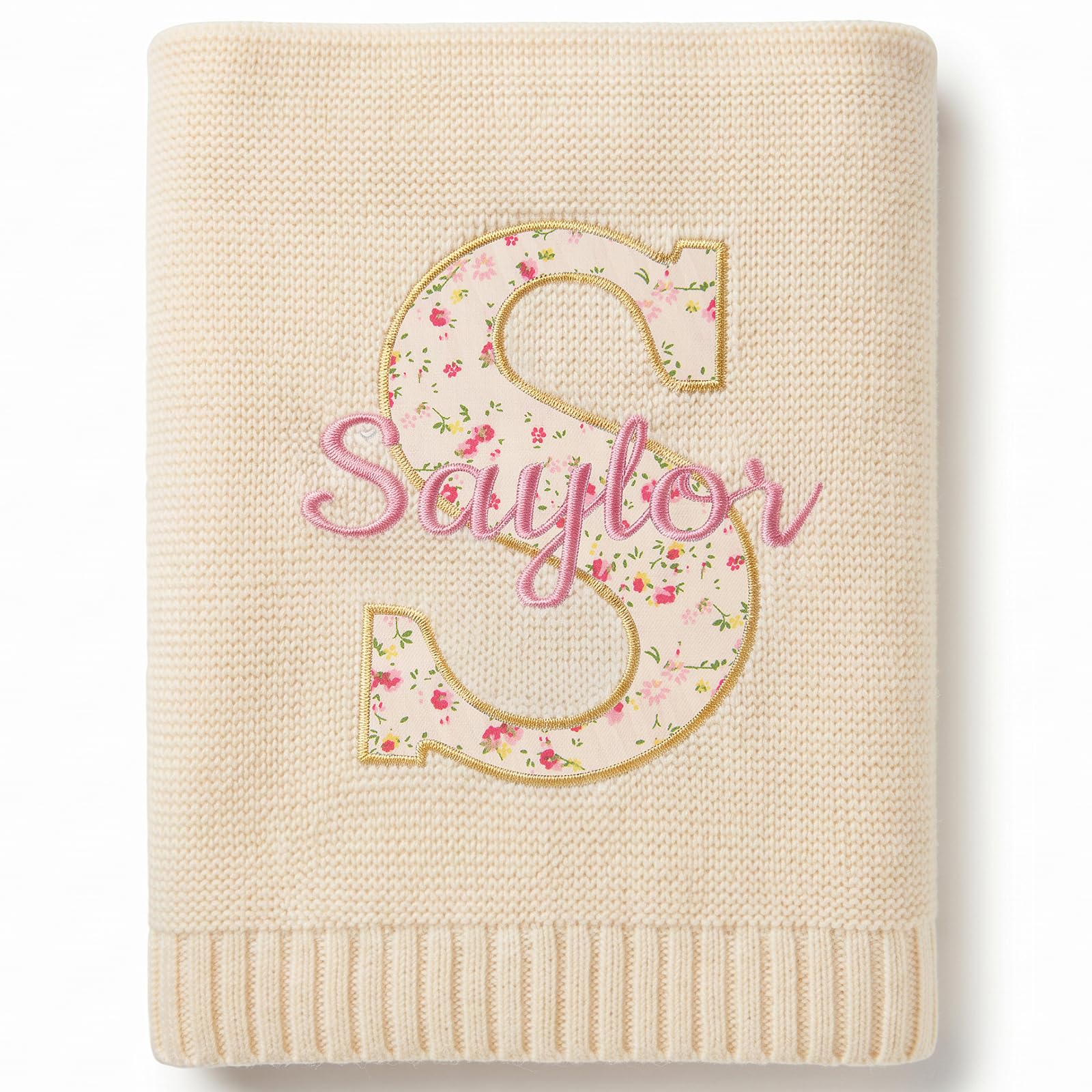 Personalized Baby Blanket with Name – Custom Embroidered Monogram Initial, 100% Cotton Knit Blanket, Newborn Baby Girl Boy Gifts for Baby Shower, Nursery, Crib