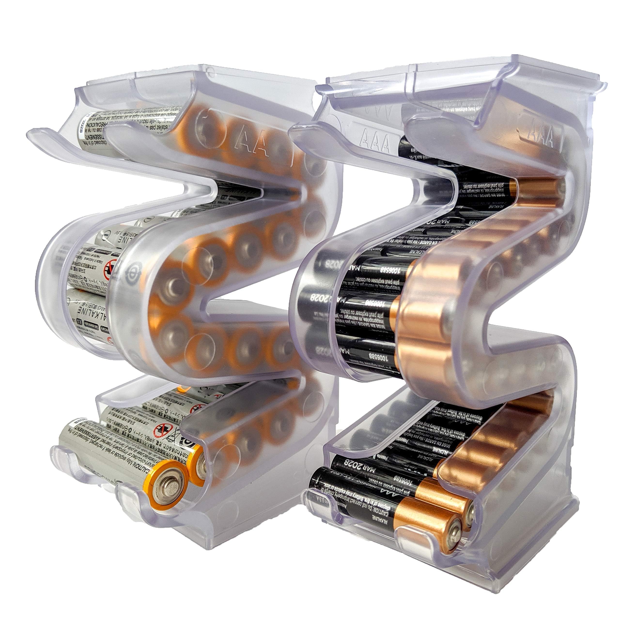 Battery Ladder™ for 20 AA & 28 AAA Batteries | Clear Vertical Battery Storage Cases | Stackable & Expandable Wall Mount Battery Organizer & Dispenser | Battery Holder Combo (AA & AAA 2 Pack)
