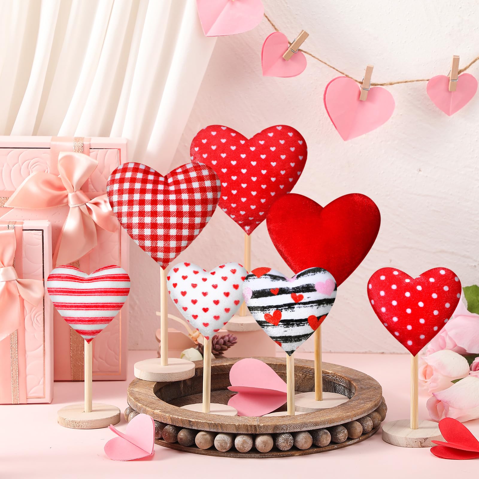 Wenqik 7 Pcs Valentine‘s Day Decorations Flocked Heart Table Decor Velvet Heart Wooden Sign Tall Standing Love Tabletop Centerpieces Valentines Day